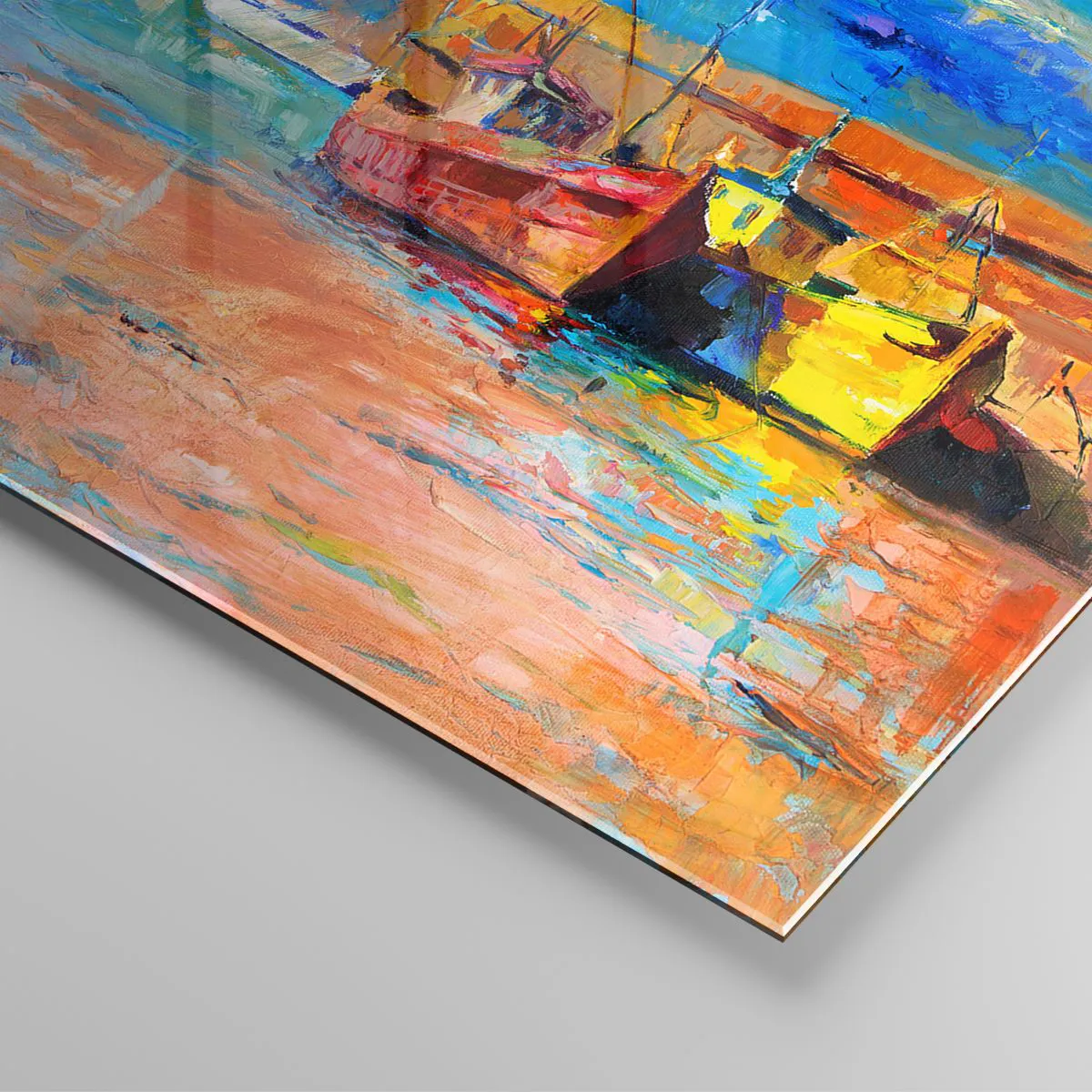 Tablou pe sticlă - Golful Rainbow cu un far și bărci colorate în port - 70x50cm - După-amiază în golful de curcubeu - Decorațiune modernă pentru perete pentru living și dormitor ARTTOR