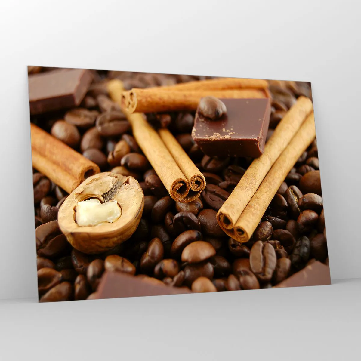 Impression sur verre - Image sur verre - Gros plan sur le café, la cannelle, le chocolat et les noix - 100x70cm - Concert d'aromates - Décoration murale moderne pour le salon et la chambre ARTTOR