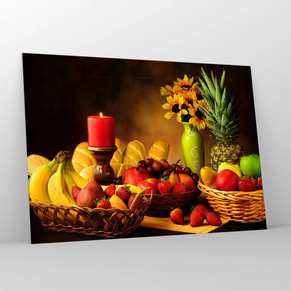 Obraz na szkle - Kompozycja owoców, pieczywa i świecy w rustykalnym stylu - 100x70cm - Martwa natura z pieczywem i owocami - Nowoczesna dekoracja ścienna do salonu, kuchni i sypialni ARTTOR