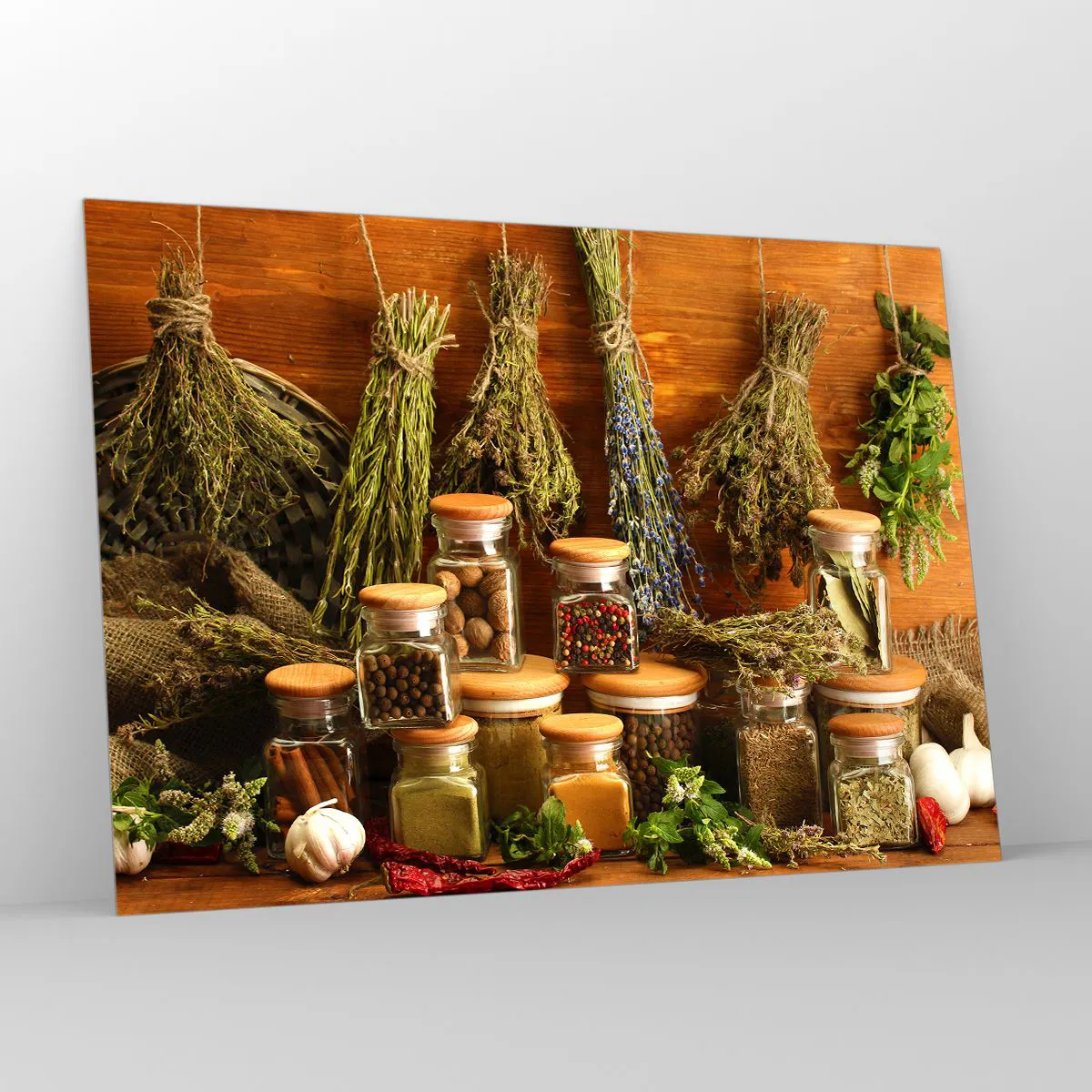 Quadro su vetro - Erbe e spezie in barattoli su fondo in legno - 100x70cm - Magie di cucina - Decorazione murale moderna per soggiorno e camera da letto ARTTOR