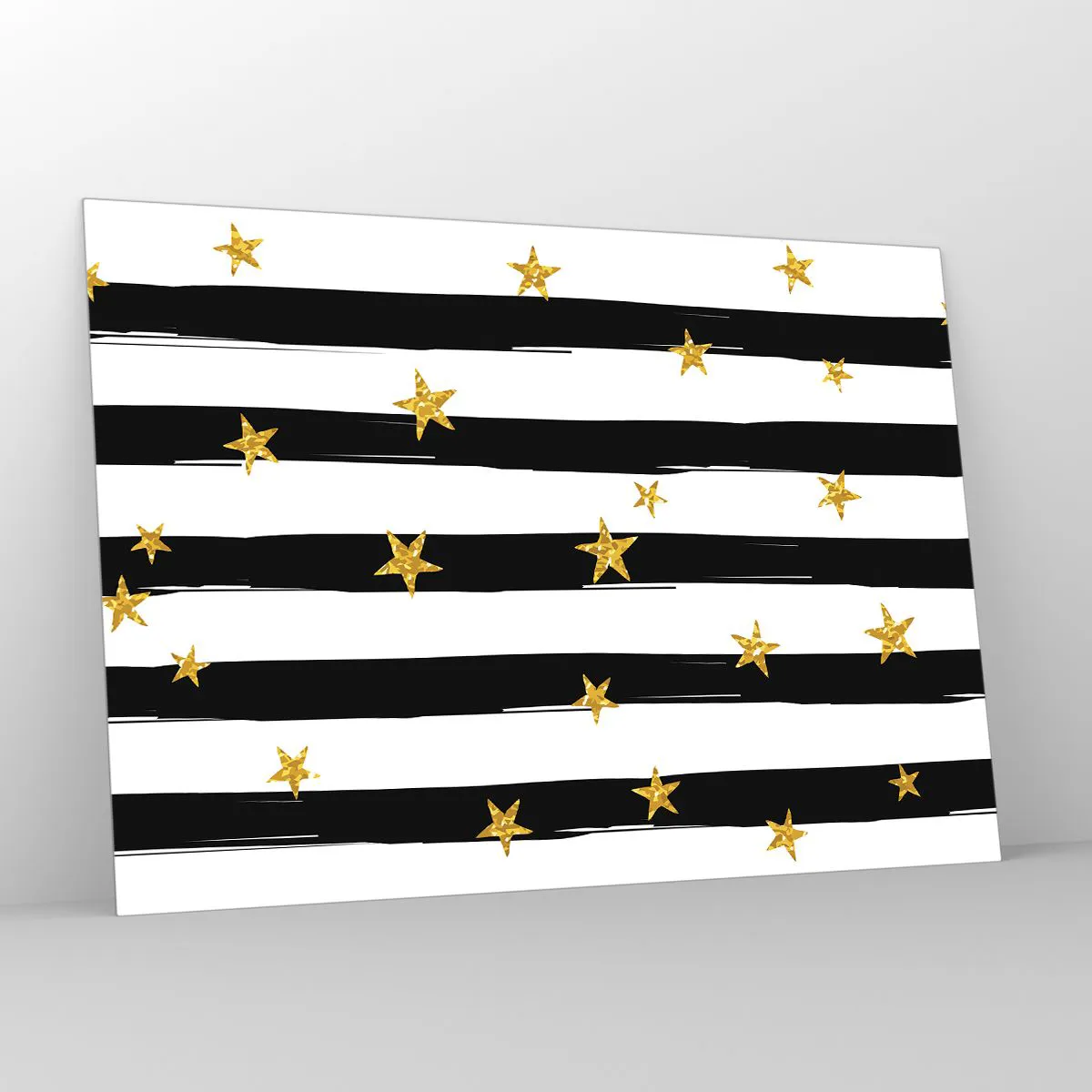 Impression sur verre - Image sur verre - Rayures noires et blanches avec étoiles dorées - 100x70cm - Nous sommes tous nés sous une bonne étoile - Décoration murale moderne pour le salon et la chambre ARTTOR