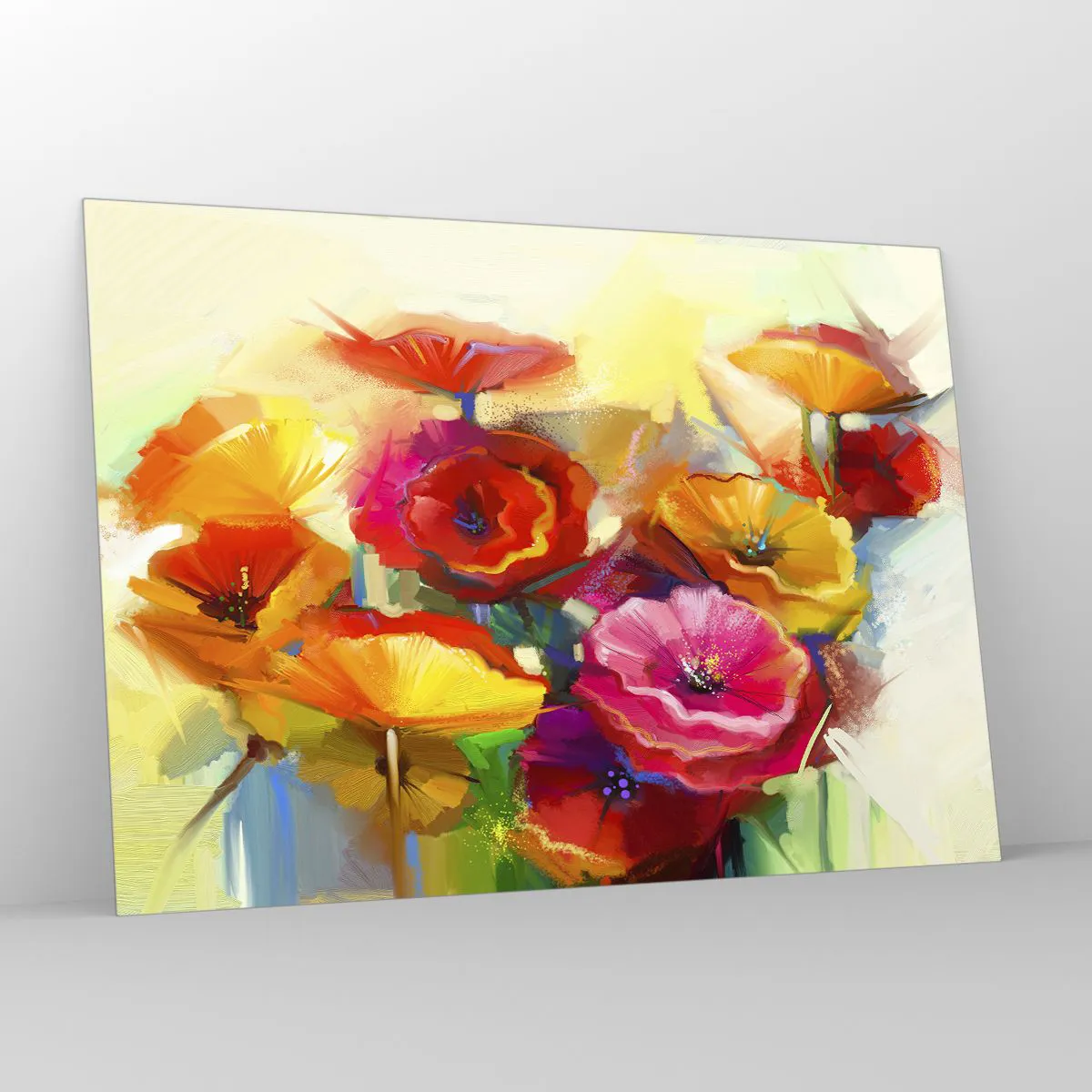 Glasbild - Bild auf glas - Bunte Mohnblumen in leuchtenden Farben - 100x70cm - Nicht nur rot - Moderne Wanddekoration für Wohnzimmer und Schlafzimmer ARTTOR