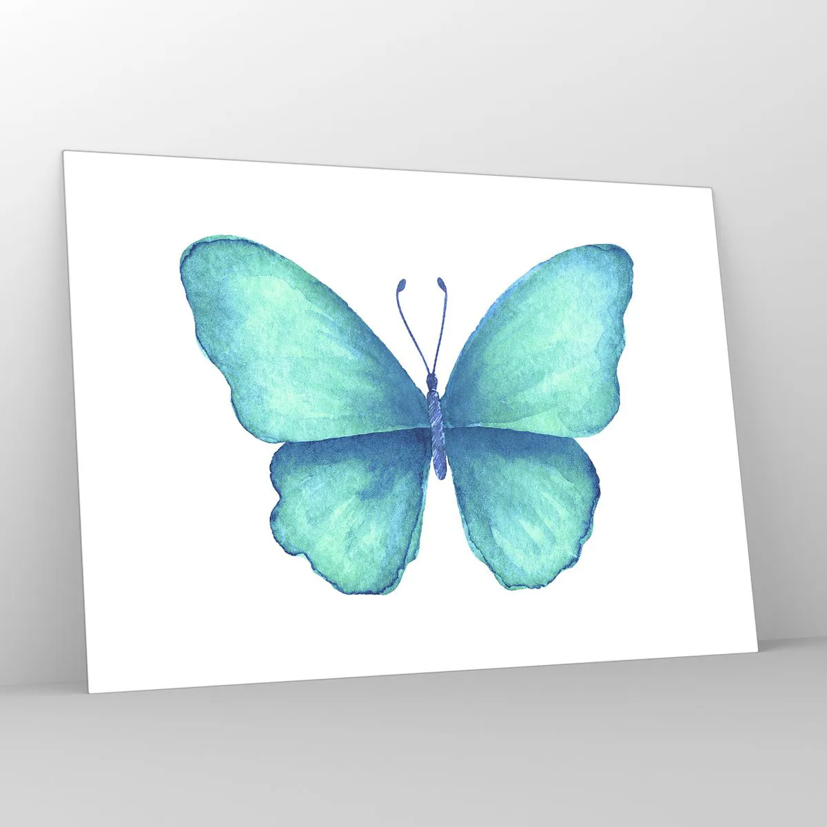 Glasbild - Bild auf glas - Blauer Schmetterling im Aquarellstil auf weißem Hintergrund - 100x70cm - Türkis von Natur aus - Moderne Wanddekoration für Wohnzimmer und Schlafzimmer ARTTOR