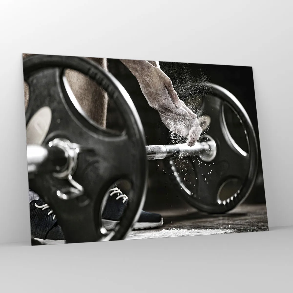 Cuadro sobre vidrio - Impresiones sobre Vidrio - Levantamiento de pesas con tiza en las manos y una barra - 100x70cm - ¡Reto aceptado! - Decoración de pared moderna para salón y dormitorio ARTTOR
