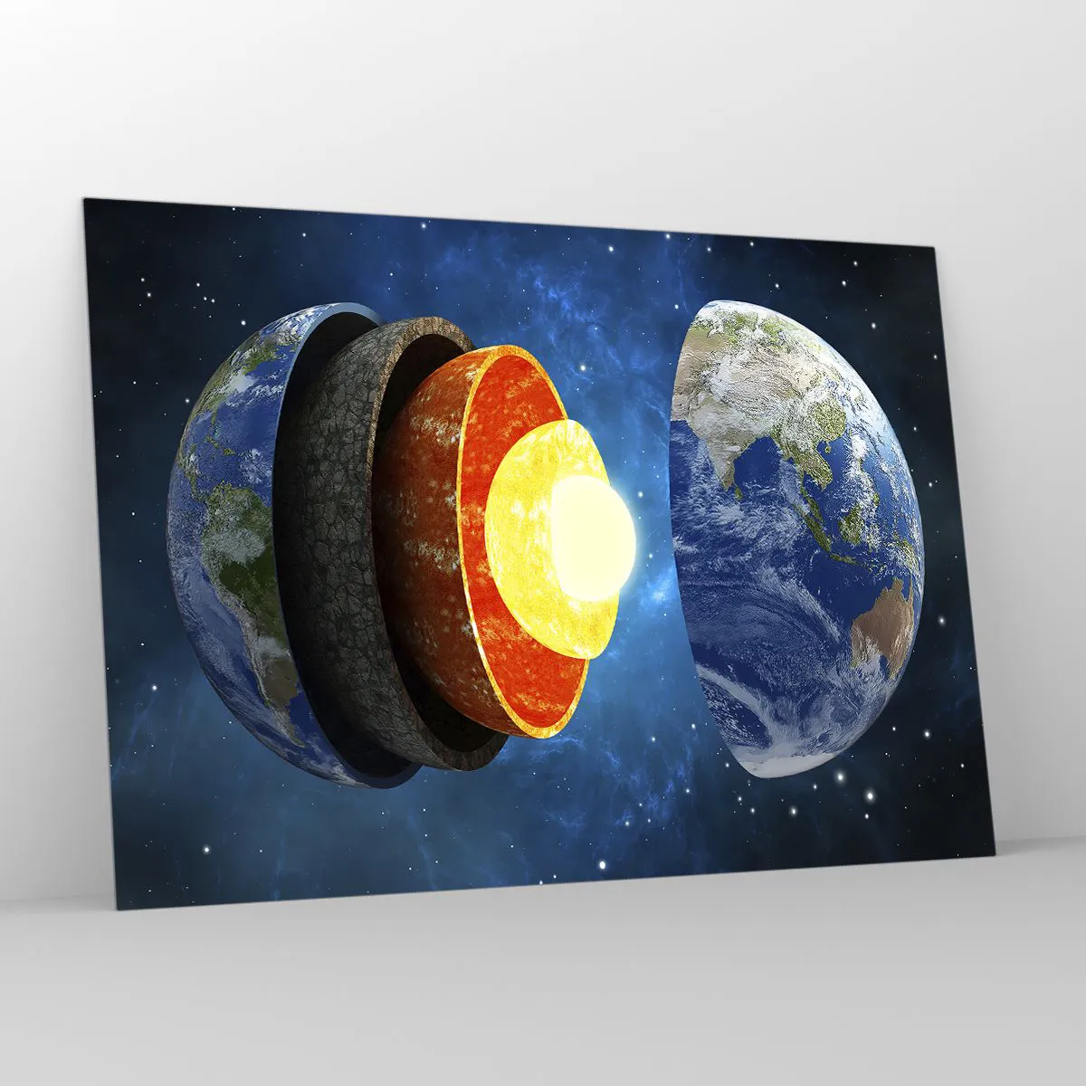 Obraz na szkle - Przekrój Ziemi ukazujący jej warstwy na tle kosmosu - 100x70cm - Wyprawa do wnętrz Ziemi - Nowoczesna dekoracja ścienna do salonu, kuchni i sypialni ARTTOR