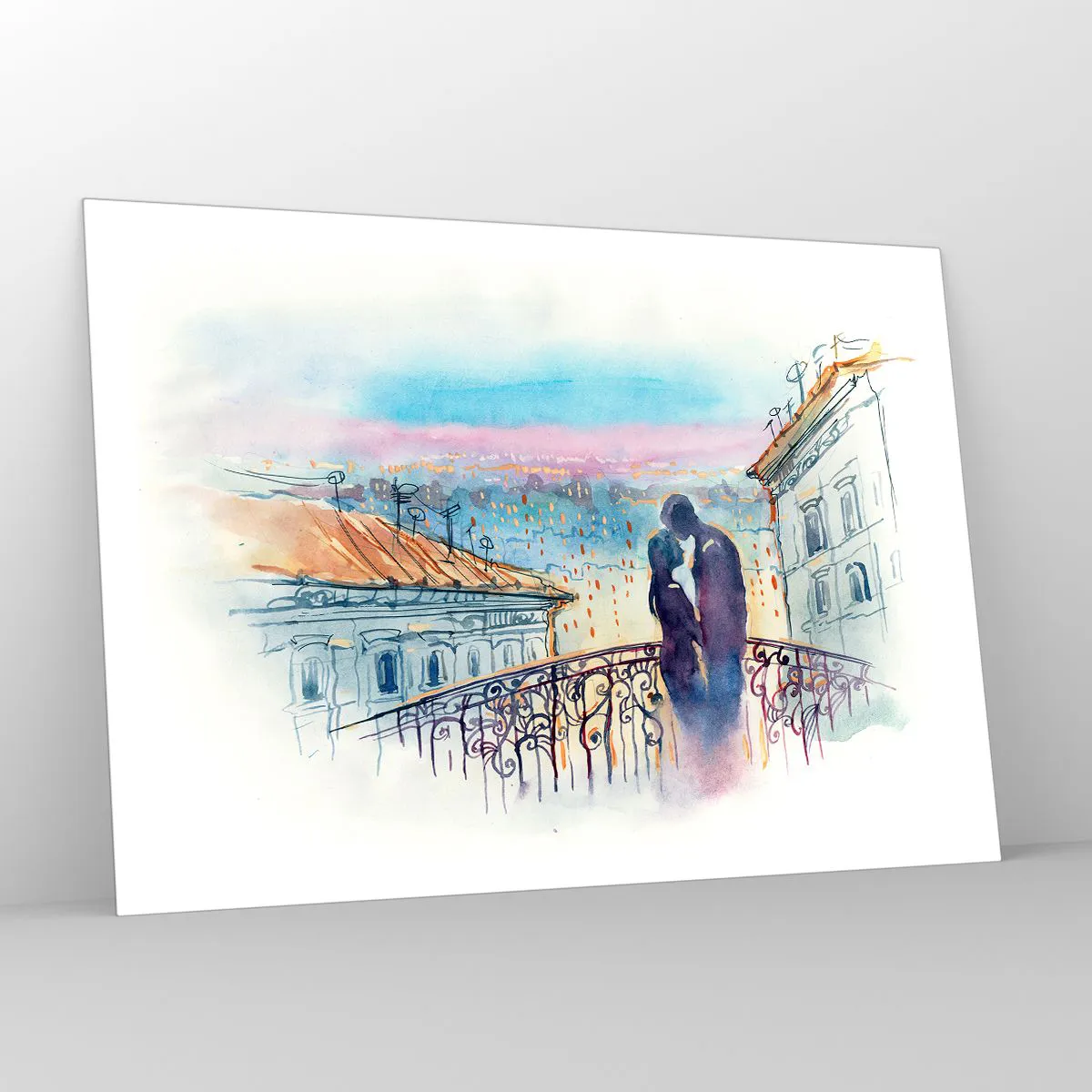 Quadro su vetro - Coppia sul balcone che si gode un romantico tramonto - 100x70cm - Amanti parigini - Decorazione murale moderna per soggiorno e camera da letto ARTTOR