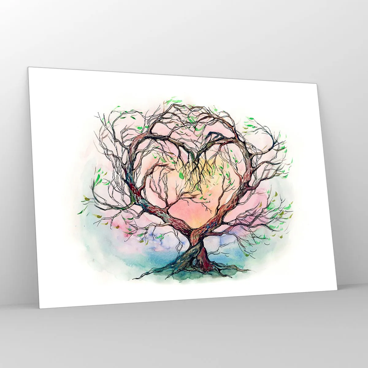 Impression sur verre - Image sur verre - Un arbre en forme de cœur avec un fond coloré et pastel - 100x70cm - Ensemble contre les tempêtes - Décoration murale moderne pour le salon et la chambre ARTTOR