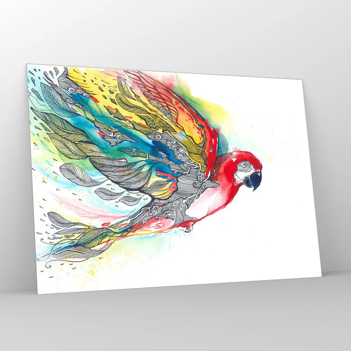 Impression sur verre - Image sur verre - Perroquet coloré avec des ailes et des détails artistiques - 100x70cm - Vivez haut en couleurs - Décoration murale moderne pour le salon et la chambre ARTTOR