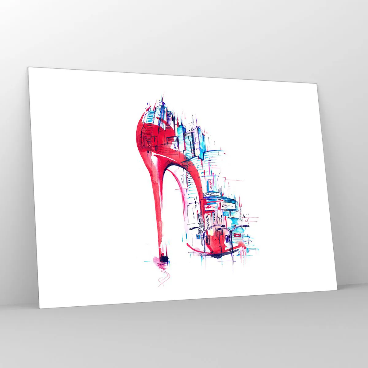 Impression sur verre - Image sur verre - Stiletto rouge avec un motif d'architecture urbaine - 100x70cm - L'élégance des grandes villes - Décoration murale moderne pour le salon et la chambre ARTTOR