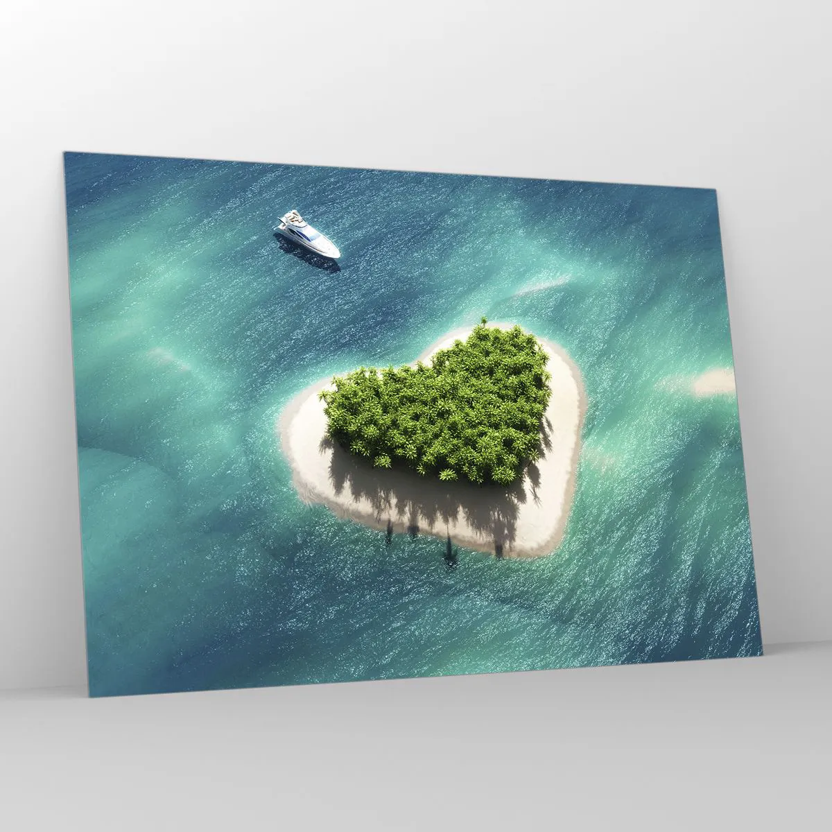 Cuadro sobre vidrio - Impresiones sobre Vidrio - Ilustración de una isla en forma de corazón con un barco contra un mar turquesa - 100x70cm - Me encanta el verano - Decoración de pared moderna para salón y dormitorio ARTTOR
