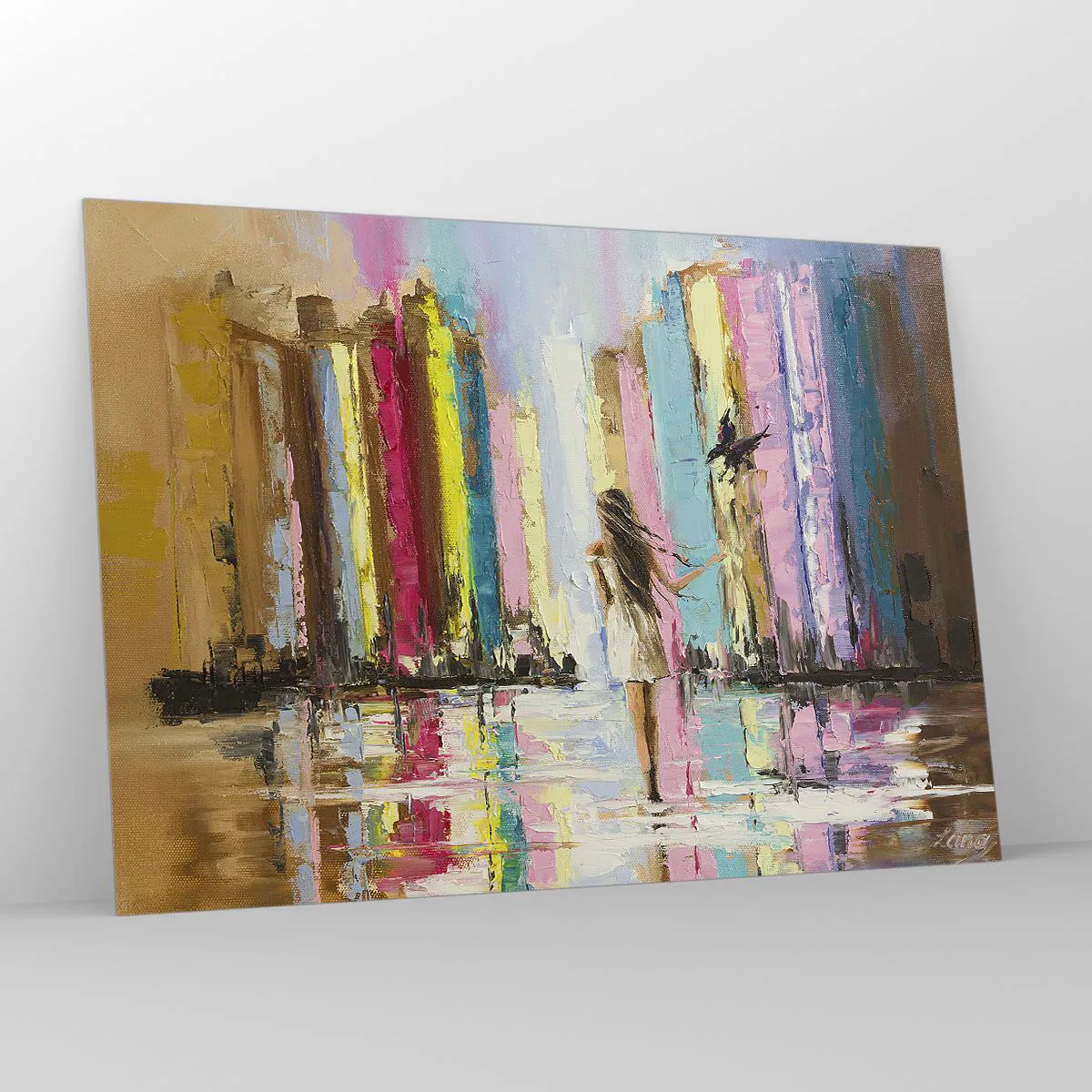 Impression sur verre - Image sur verre - Une femme avec un oiseau en arrière-plan de bâtiments colorés - 100x70cm - Viens avec moi - Décoration murale moderne pour le salon et la chambre ARTTOR