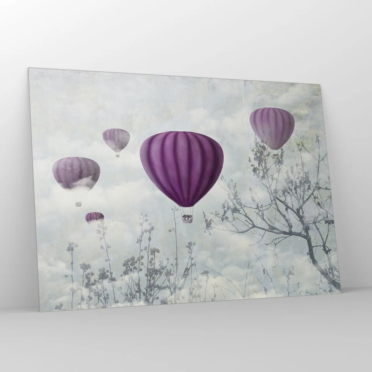 Impression sur verre - Image sur verre - Des ballons violets flottant parmi les nuages et les branches des arbres - 100x70cm - Comme des navires dans le ciel - Décoration murale moderne pour le salon et la chambre ARTTOR