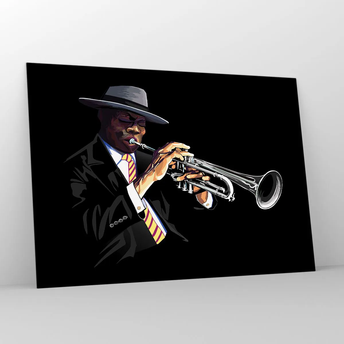 Impression sur verre - Image sur verre - Un musicien noir avec une trompette et un chapeau sur fond noir - 100x70cm - Le charme de la vieille école - Décoration murale moderne pour le salon et la chambre ARTTOR