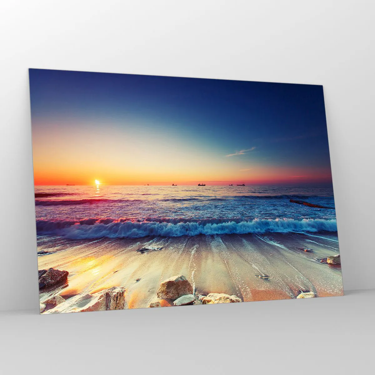 Impression sur verre - Image sur verre - Coucher de soleil sur la plage avec des vagues douces et une mer calme - 100x70cm - Mais quel horizon ? - Décoration murale moderne pour le salon et la chambre ARTTOR