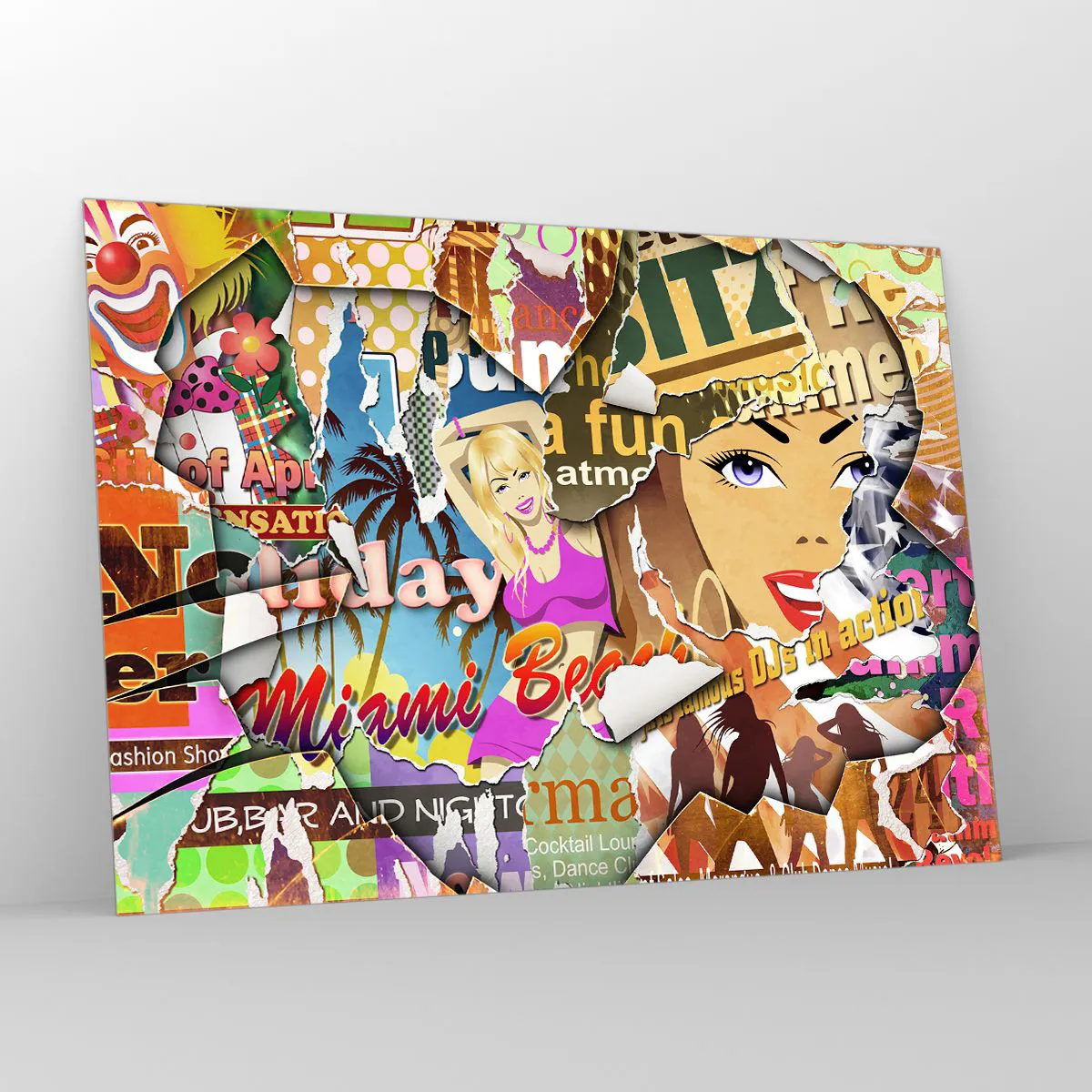 Obraz na szkle - Kolorowy kolaż retro z plakatami i grafiką - 100x70cm - Wakacyjne retrospekcje - Nowoczesna dekoracja ścienna do salonu, kuchni i sypialni ARTTOR
