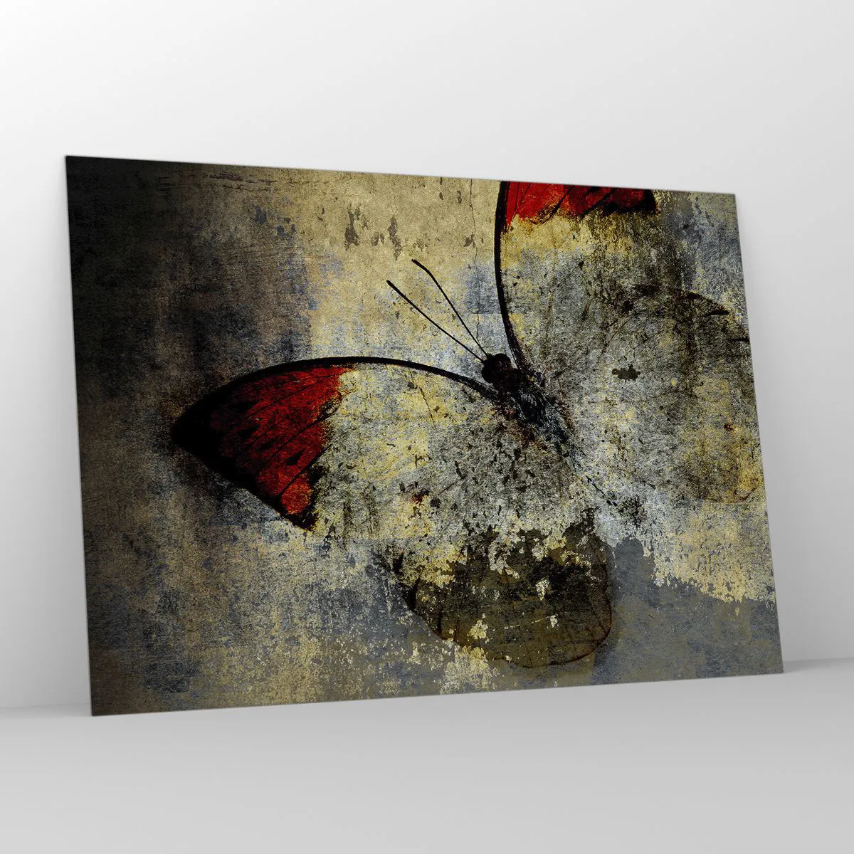 Cuadro sobre vidrio - Impresiones sobre Vidrio - Mariposa abstracta sobre un fondo envejecido - 100x70cm - Mira antes de que desaparezca - Decoración de pared moderna para salón y dormitorio ARTTOR