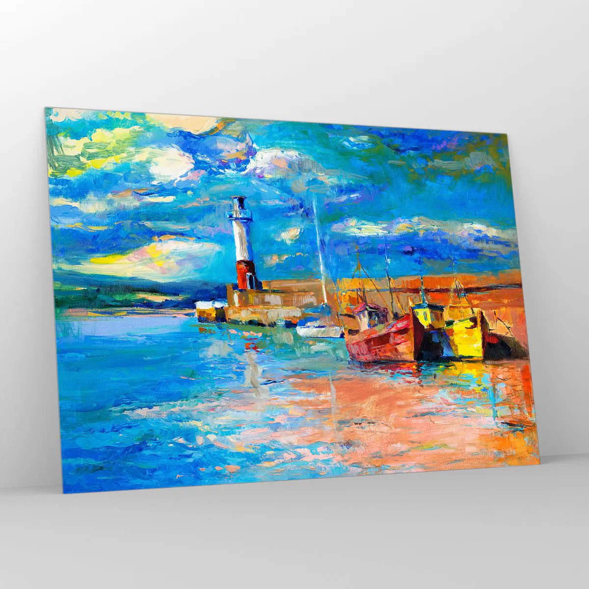 Glasbild - Bild auf glas - Rainbow Bay mit Leuchtturm und bunten Booten im Hafen - 100x70cm - Ein Nachmittag in der Regenbogenbucht - Moderne Wanddekoration für Wohnzimmer und Schlafzimmer ARTTOR