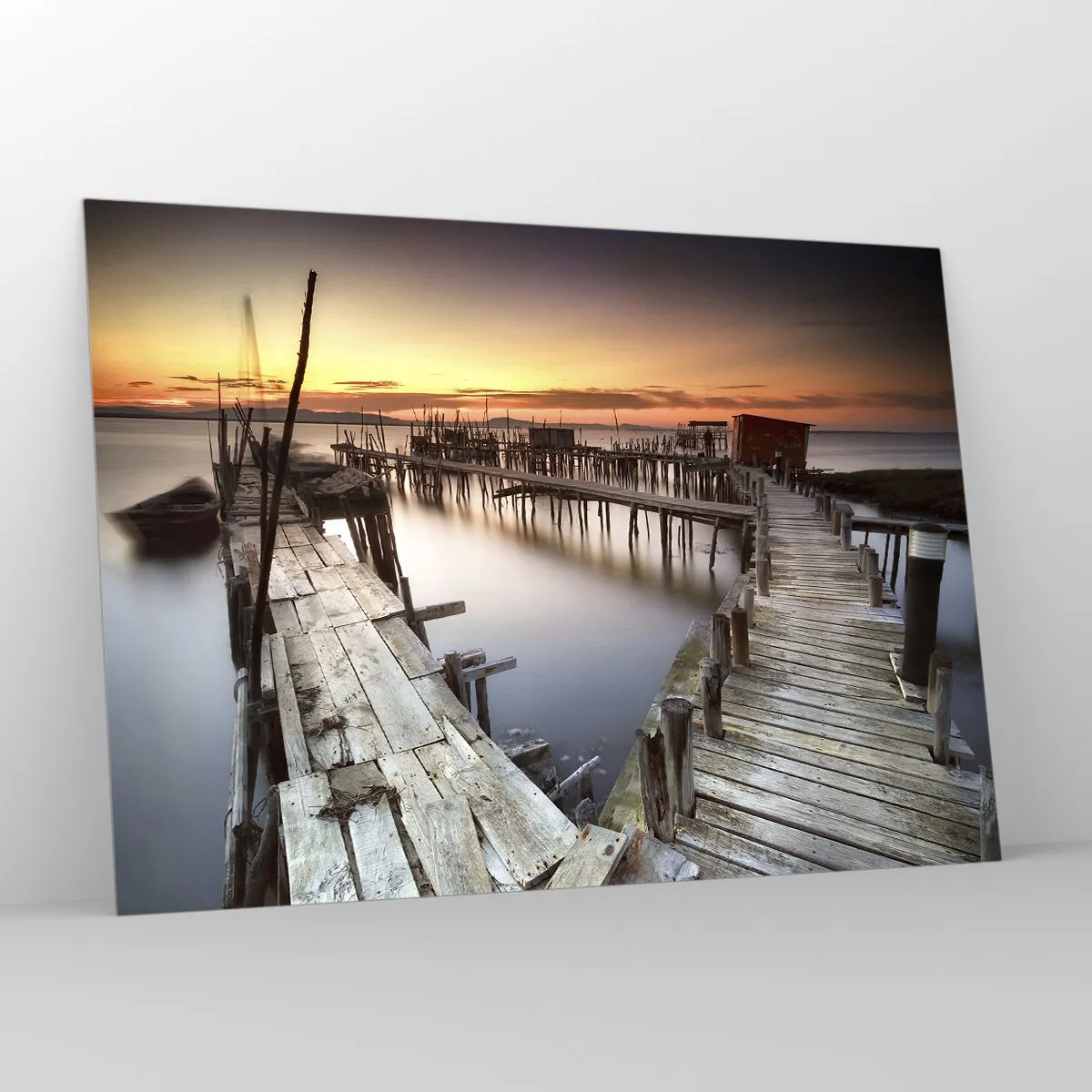Obraz na szkle - Drewniane pomosty o zachodzie słońca nad spokojnym jeziorem - 100x70cm - Autentyk, nie turystyczna atrapa - Nowoczesna dekoracja ścienna do salonu, kuchni i sypialni ARTTOR