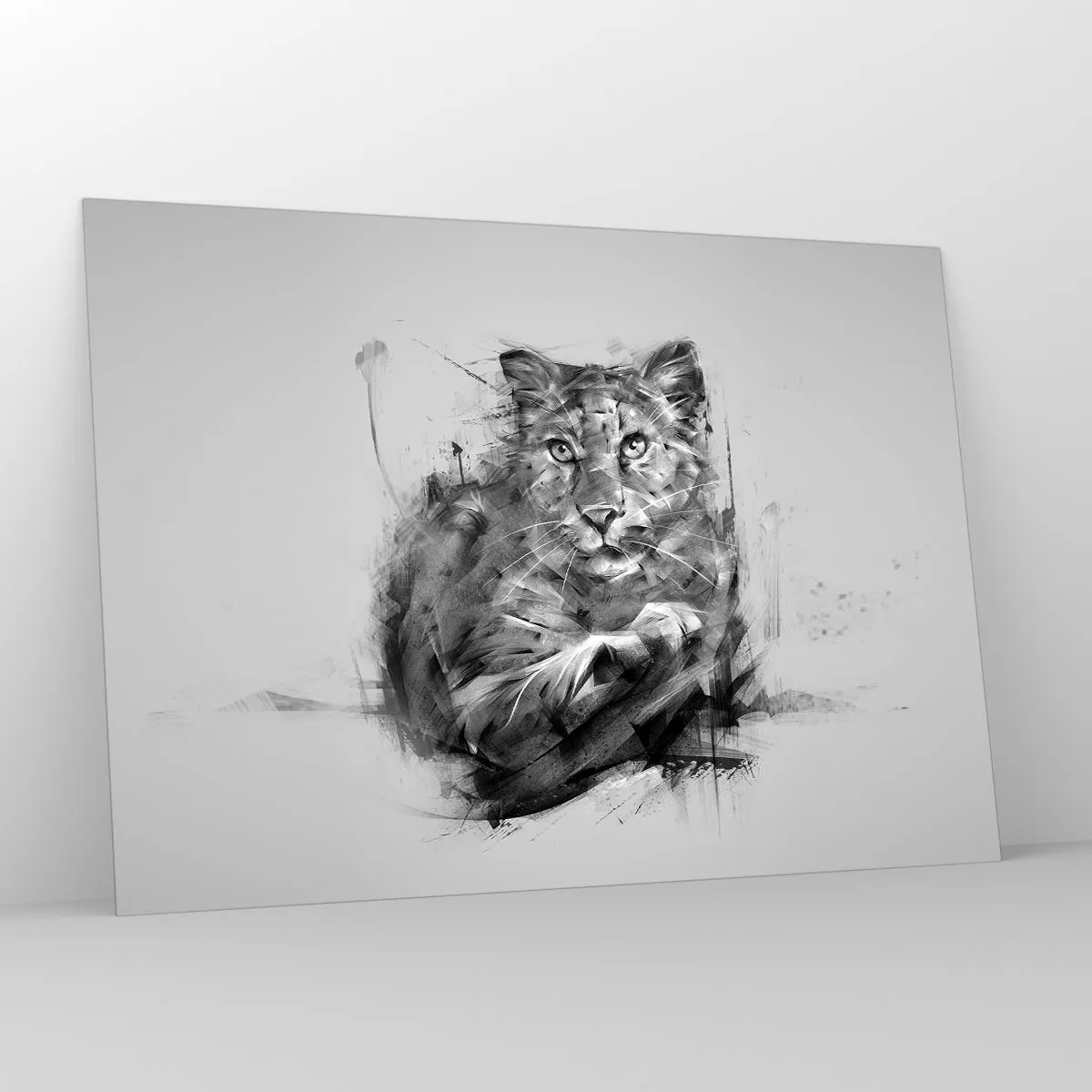 Impression sur verre - Image sur verre - Un dessin d'un tigre dans un style monochrome sur un fond clair - 100x70cm - Oui, j'écoute attentivement - Décoration murale moderne pour le salon et la chambre ARTTOR