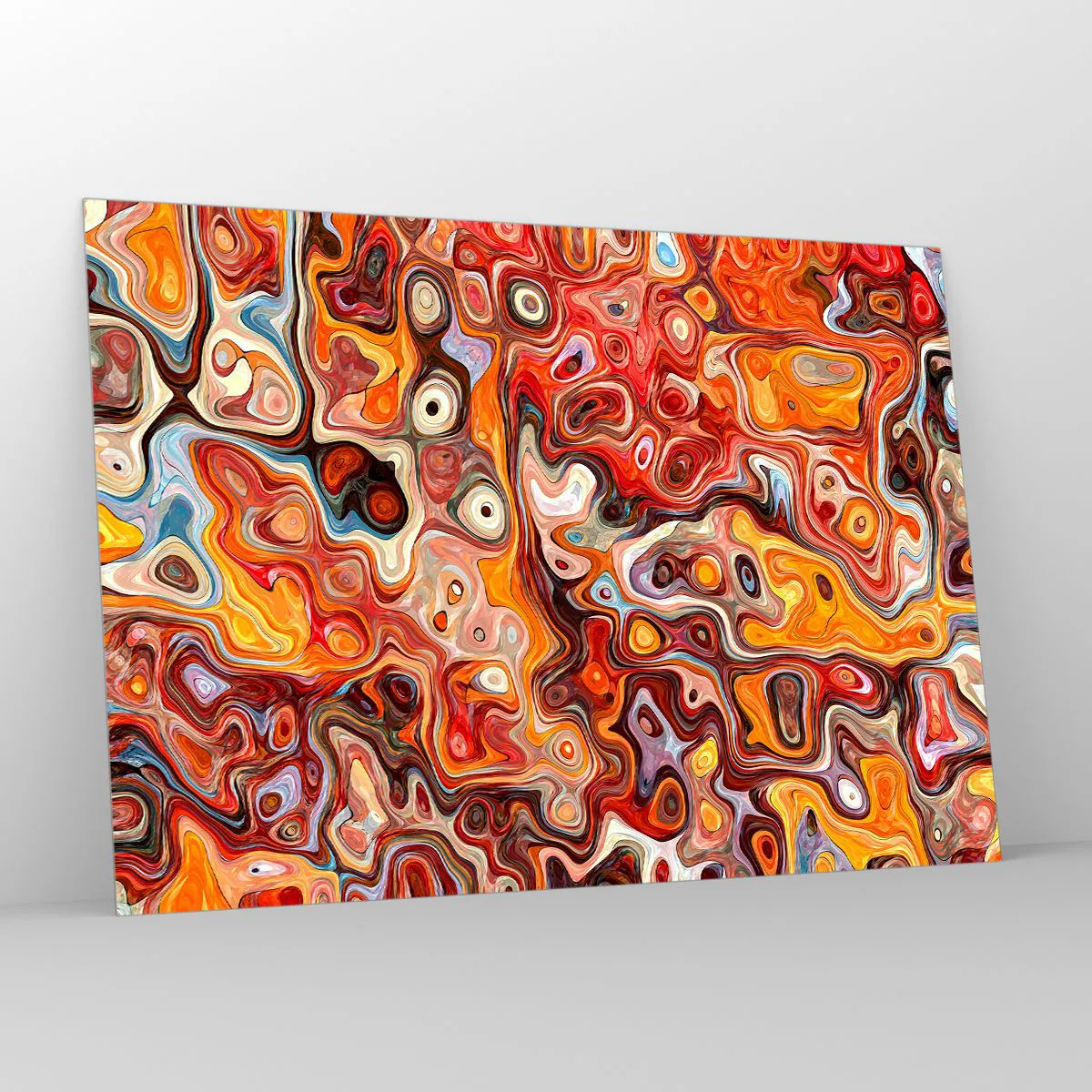Cuadro sobre vidrio - Impresiones sobre Vidrio - Composición abstracta en tonos naranja y rojo. - 100x70cm - Si las nueces se derritieran en la miel - Decoración de pared moderna para salón y dormitorio ARTTOR