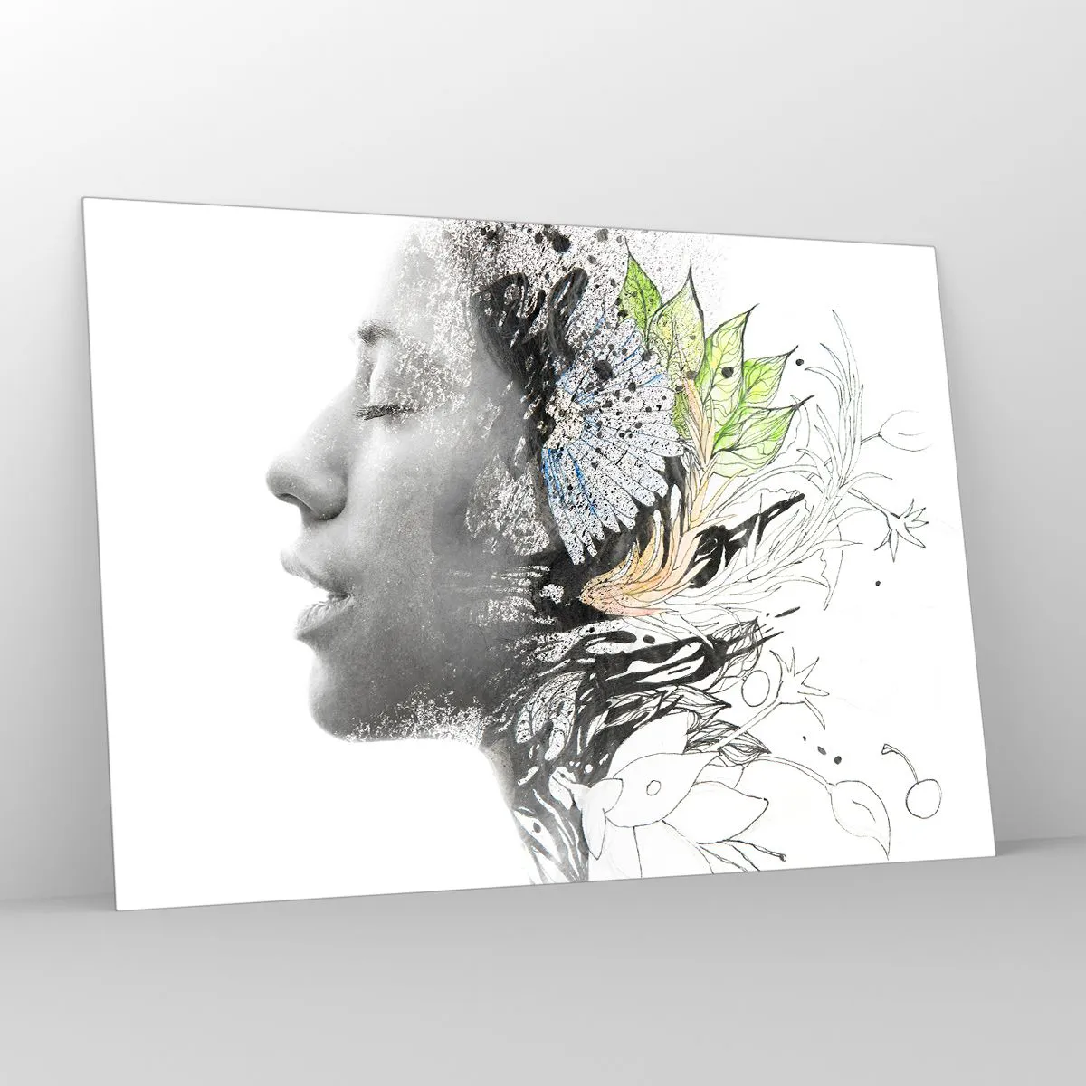 Impression sur verre - Image sur verre - Profil de femme avec des motifs de la nature dans un style monochrome - 100x70cm - Immergé dans la nature - Décoration murale moderne pour le salon et la chambre ARTTOR