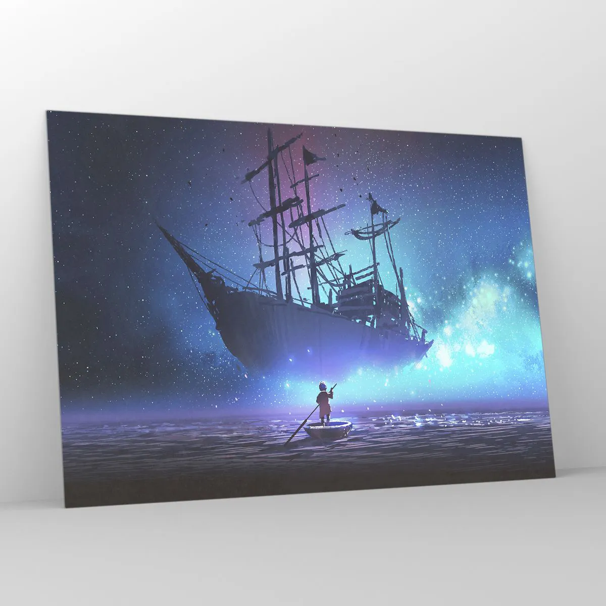 Glasbild - Bild auf glas - Ein Nachtschiff, das in einer magischen Aura über dem Wasser schwebt - 100x70cm - Begegnung mit dem Mythos des Meeres - Moderne Wanddekoration für Wohnzimmer und Schlafzimmer ARTTOR