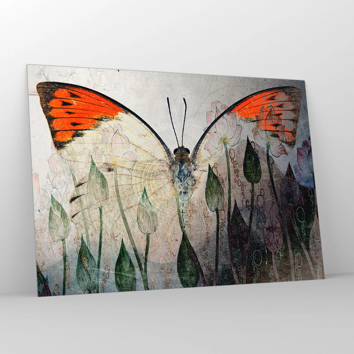 Tablou pe sticlă - Unde fluturele se leagănă pe iarbă - 100x70 cm