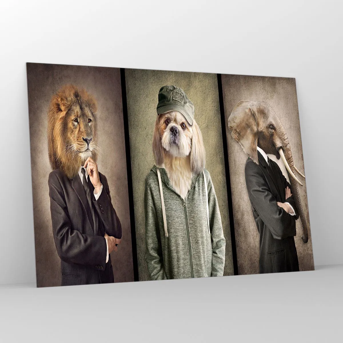 Cuadro sobre vidrio - Impresiones sobre Vidrio - Tres animales en varios estilos, desde elegantes hasta casuales. - 100x70cm - Prefiero tomármelo con calma - Decoración de pared moderna para salón y dormitorio ARTTOR