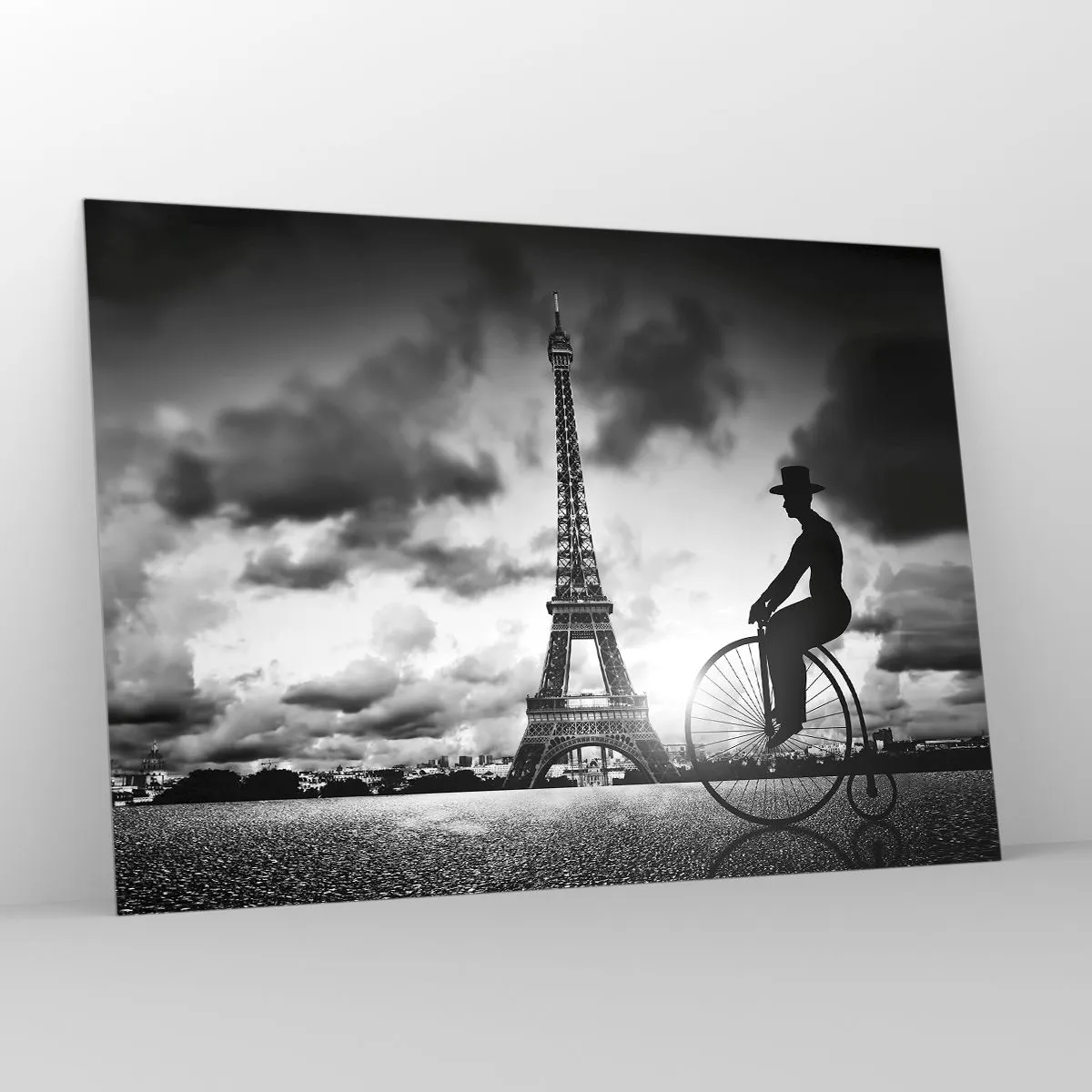 Cuadro sobre vidrio - Impresiones sobre Vidrio - Torre Eiffel con bicicleta retro en blanco y negro - 100x70cm - Añoranza de la Belle Epoque - Decoración de pared moderna para salón y dormitorio ARTTOR