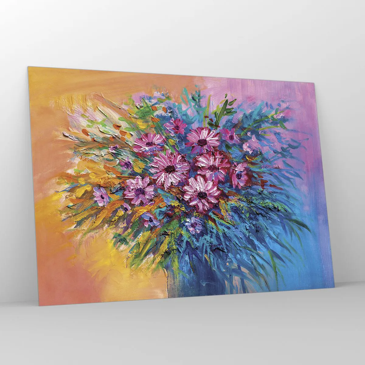 Impression sur verre - Image sur verre - Un bouquet de fleurs roses dans une composition artistique et colorée - 100x70cm - Énergie de la vie - Décoration murale moderne pour le salon et la chambre ARTTOR