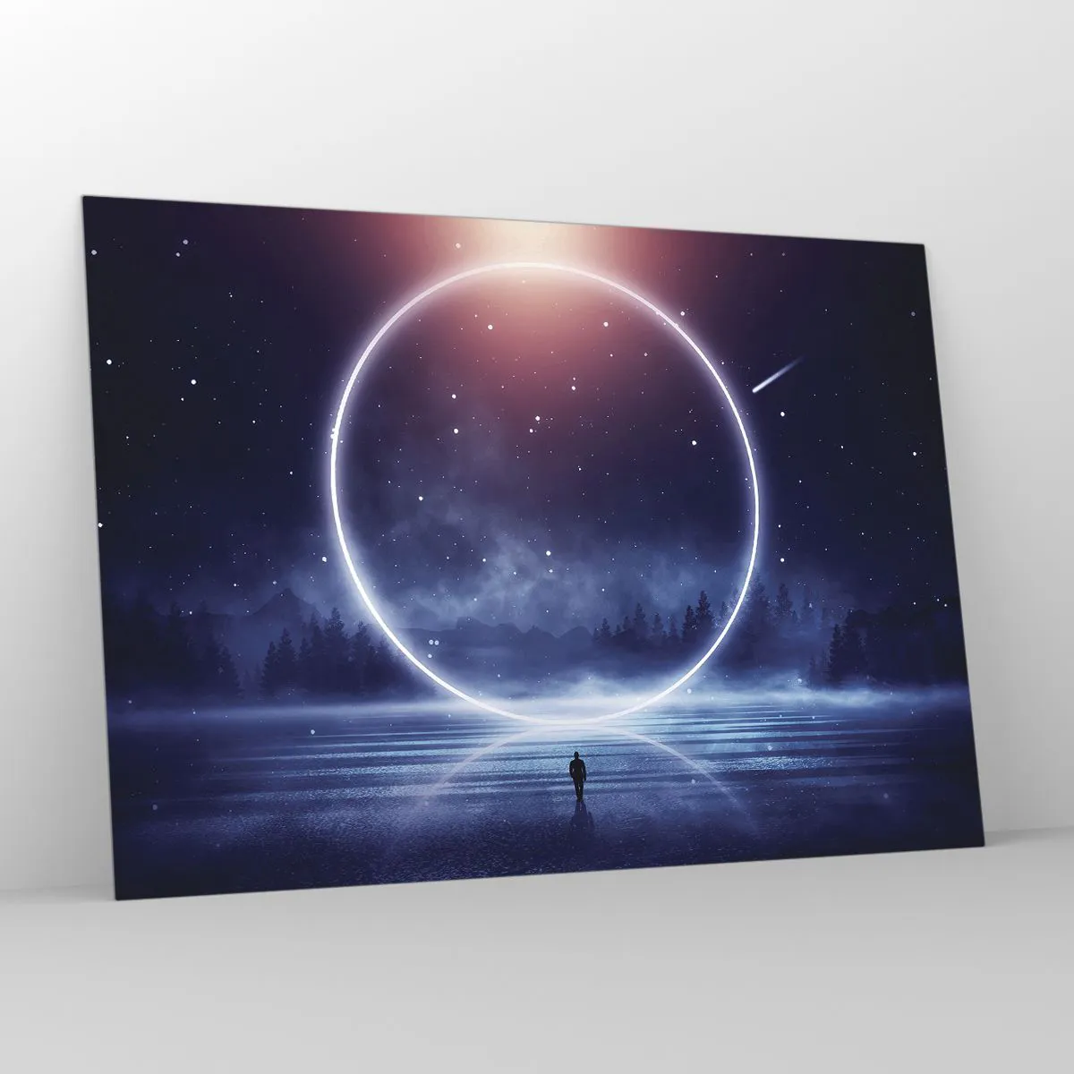 Impression sur verre - Image sur verre - Un cercle de lumière au-dessus du lac parmi le ciel nocturne et la forêt - 100x70cm - Ils sont déjà là... - Décoration murale moderne pour le salon et la chambre ARTTOR