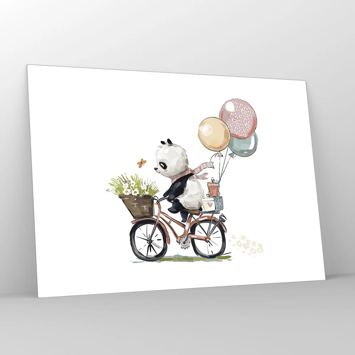 Impression sur verre - Image sur verre - Un panda faisant du vélo avec des ballons et un panier de fleurs. - 100x70cm - Jour de chance - Décoration murale moderne pour le salon et la chambre ARTTOR