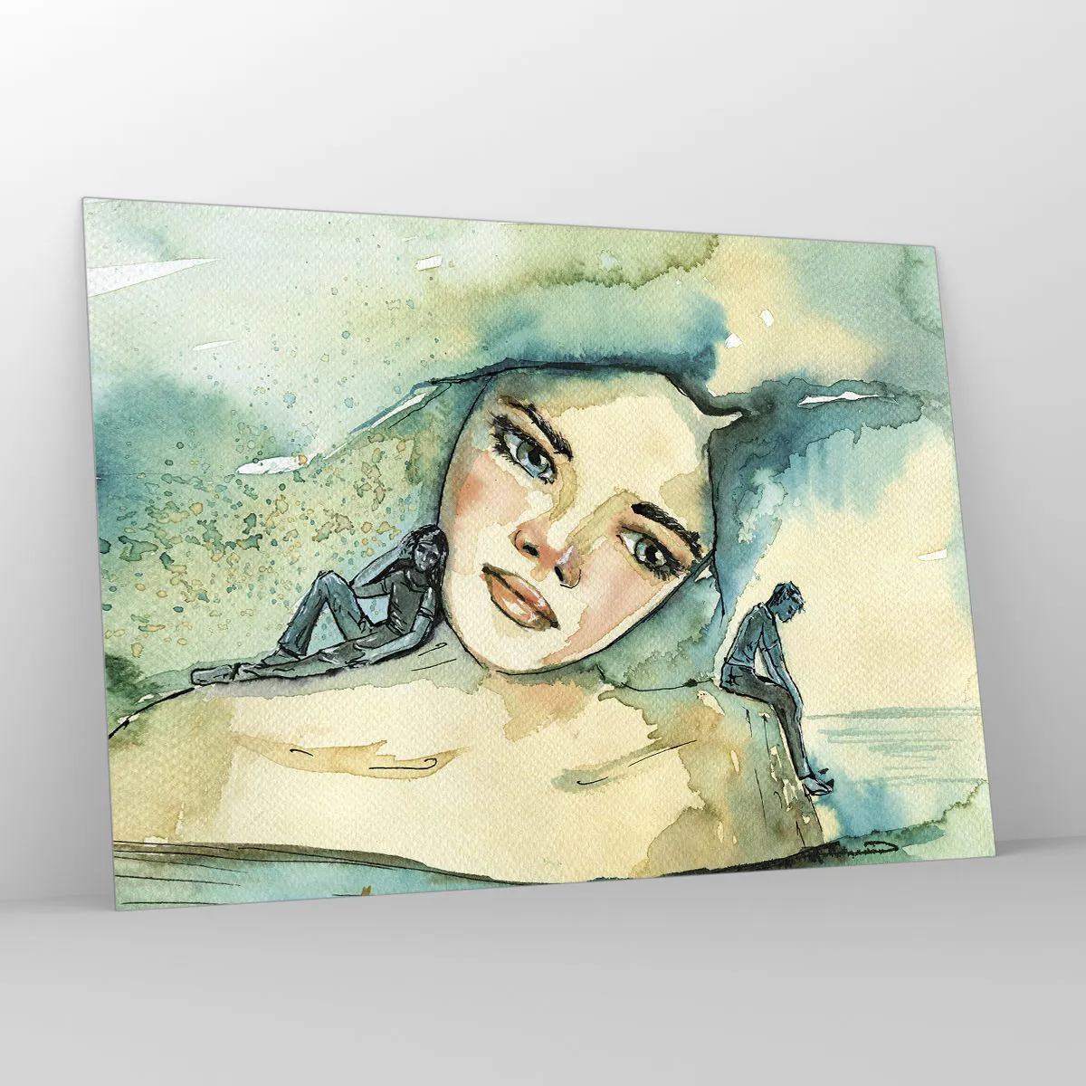 Obraz na szkle - Portret kobiety w akwarelowym stylu z sylwetkami postaci - 100x70cm - Am I blue? - Nowoczesna dekoracja ścienna do salonu, kuchni i sypialni ARTTOR