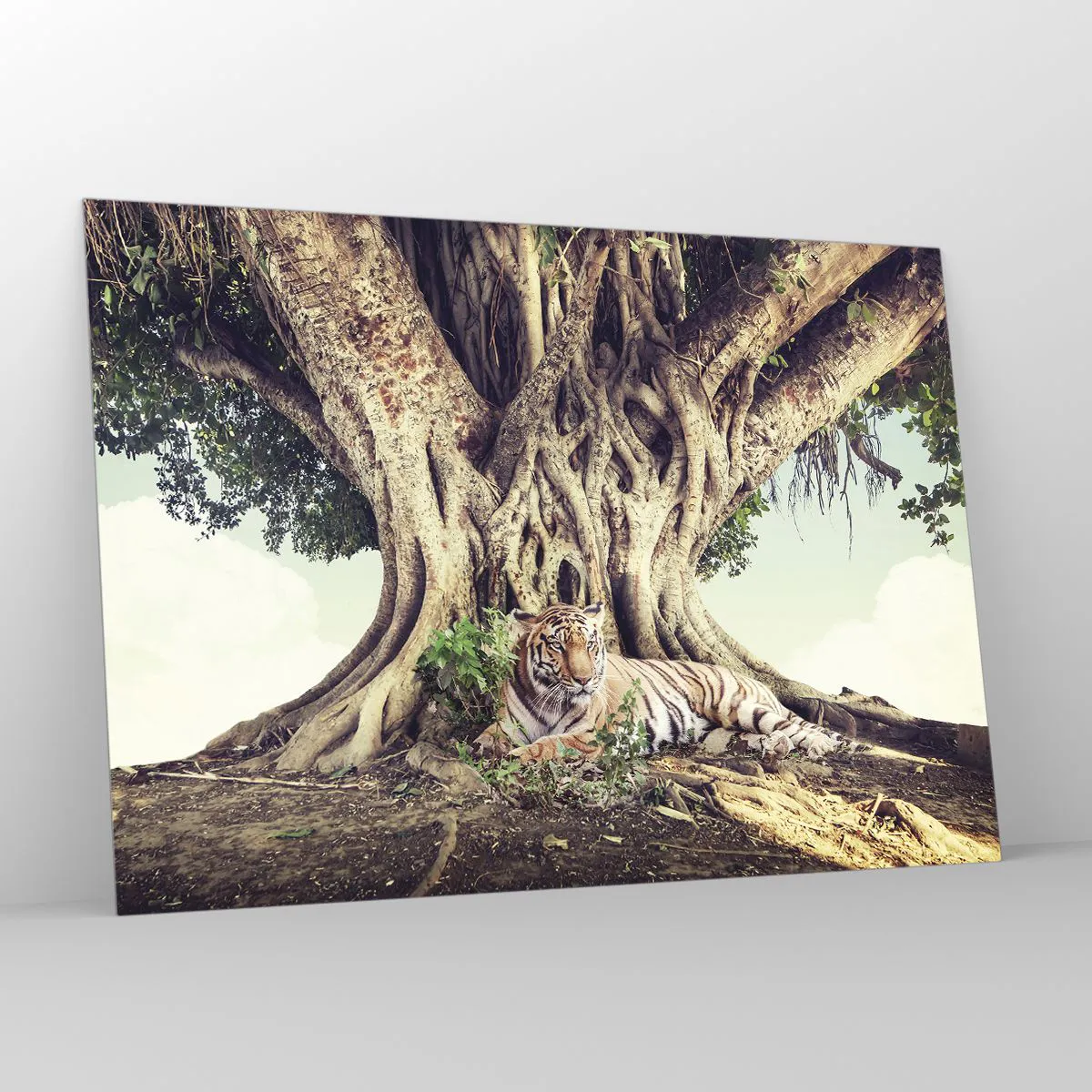 Obraz na szkle - Tygrys leżący pod rozłożystym drzewem w dżungli - 100x70cm - Widok z Księgi Rodzaju - Nowoczesna dekoracja ścienna do salonu, kuchni i sypialni ARTTOR