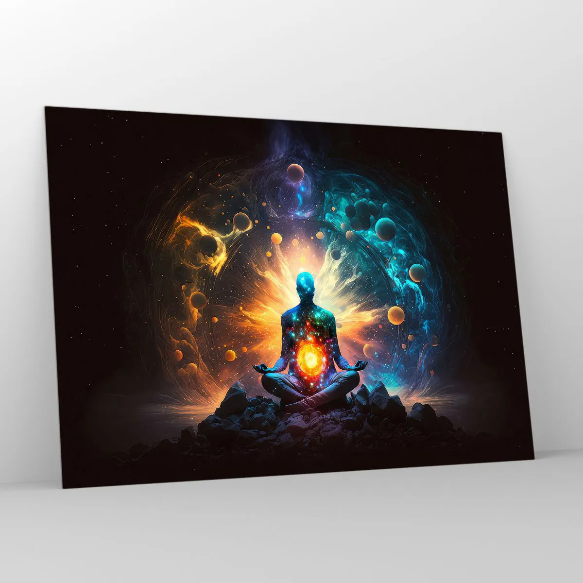 Glasbild - Bild auf glas - Eine meditierende Silhouette in einer kosmischen Farbexplosion - 100x70cm - Kosmischer Frieden - Moderne Wanddekoration für Wohnzimmer und Schlafzimmer ARTTOR