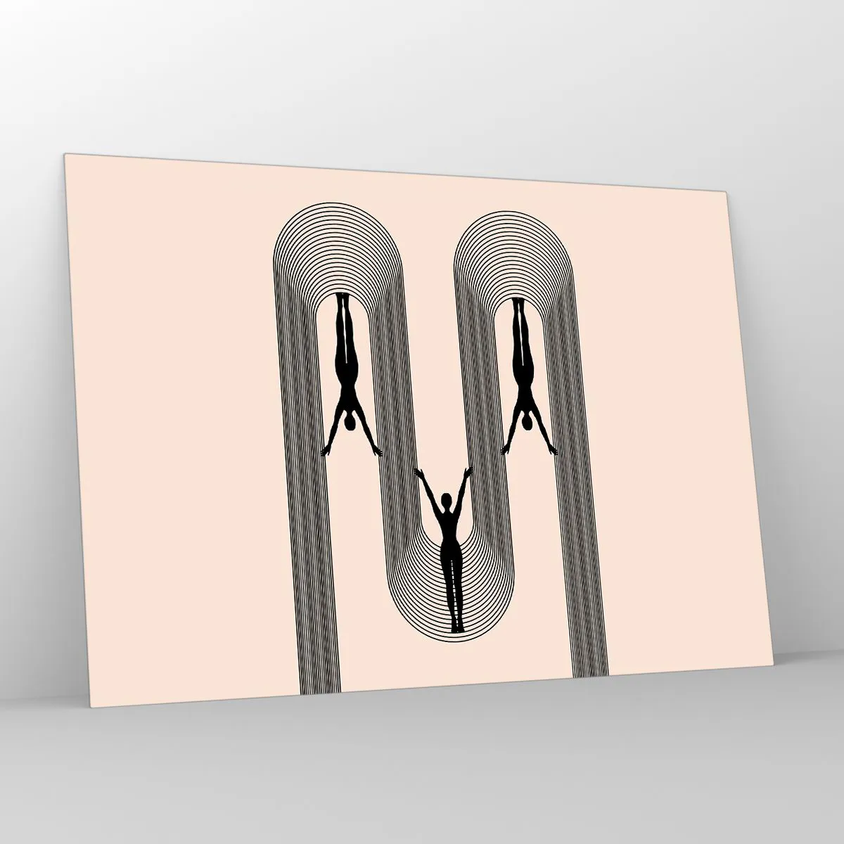 Impression sur verre - Image sur verre - Silhouettes noires de personnages suspendus dans des arcs rythmiques - 100x70cm - Les jambes en l’air - Décoration murale moderne pour le salon et la chambre ARTTOR