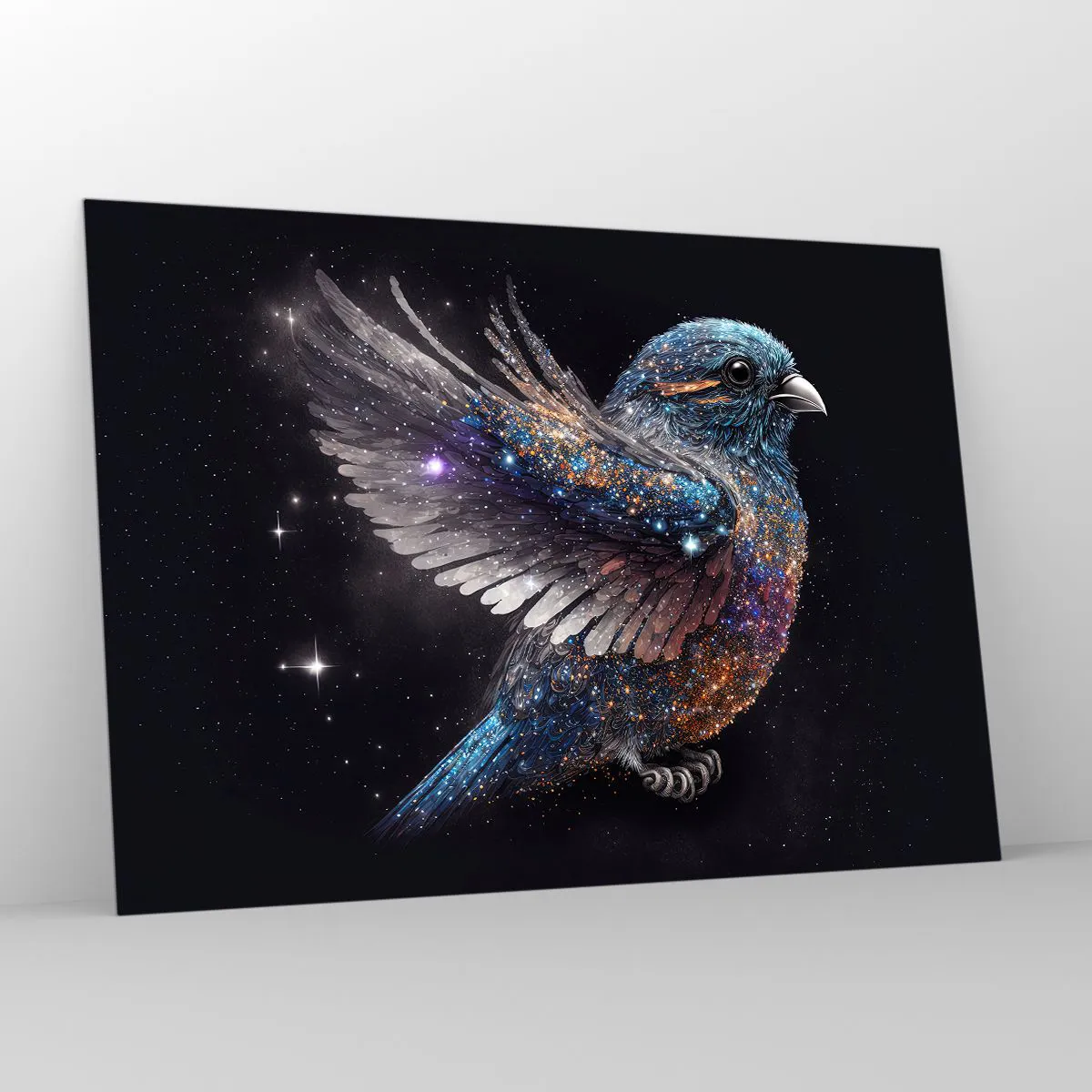 Obraz na szkle - Kosmiczny wróbel z diamentowym blaskiem - 100x70cm - Diamentowy wróbel - Nowoczesna dekoracja ścienna do salonu, kuchni i sypialni ARTTOR