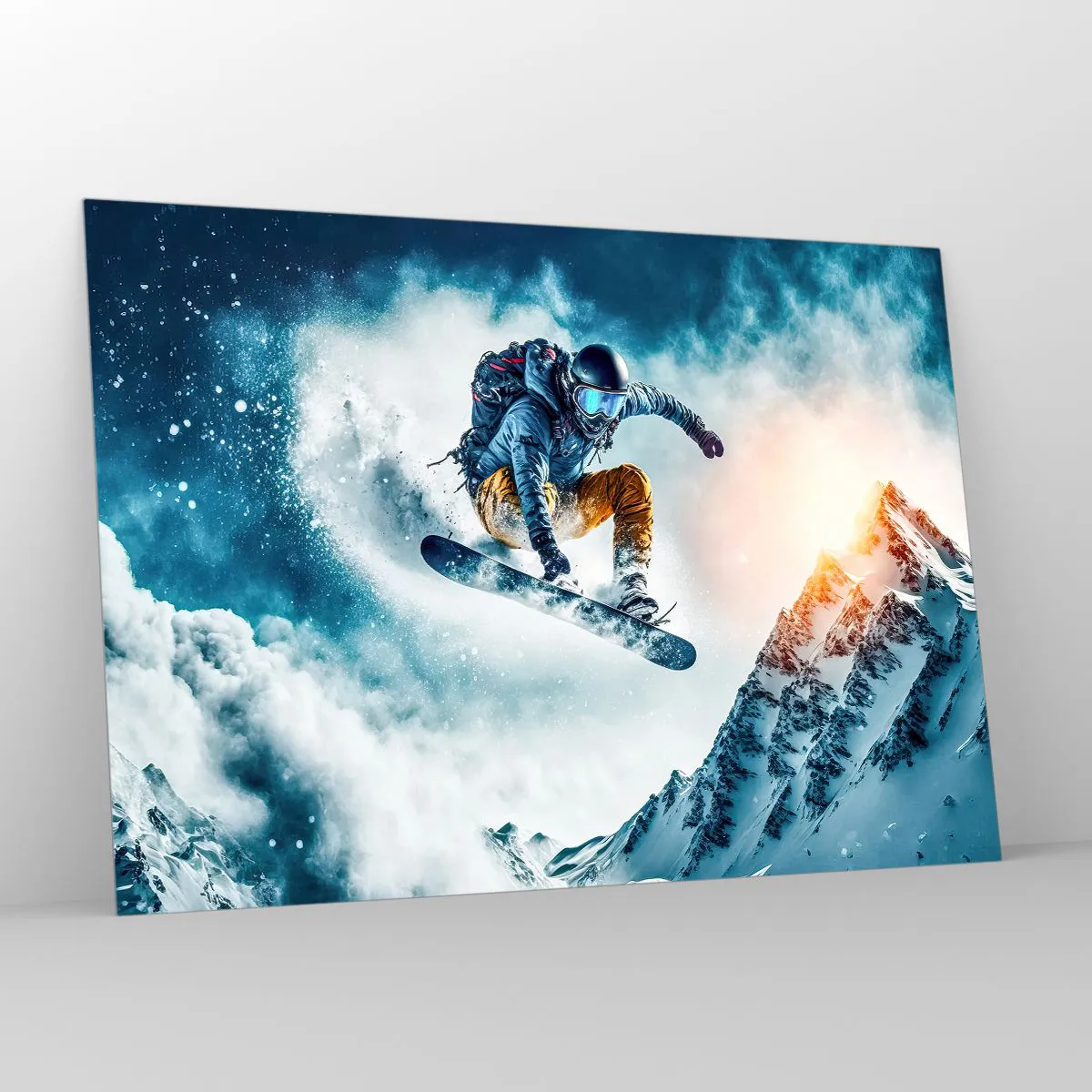 Quadro su vetro - Uno snowboarder vola sopra le montagne innevate - 100x70cm - Emozioni estreme - Decorazione murale moderna per soggiorno e camera da letto ARTTOR