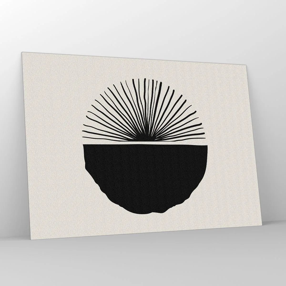 Glasbild - Bild auf glas - Eine schwarze geometrische Form mit einem Fächer aus Linien auf cremefarbenem Hintergrund. - 100x70cm - Eine Reihe von Möglichkeiten - Moderne Wanddekoration für Wohnzimmer und Schlafzimmer ARTTOR