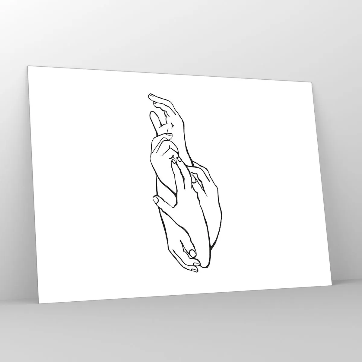 Impression sur verre - Image sur verre - Un dessin linéaire subtil de mains jointes sur un fond blanc. - 100x70cm - Bon contact - Décoration murale moderne pour le salon et la chambre ARTTOR