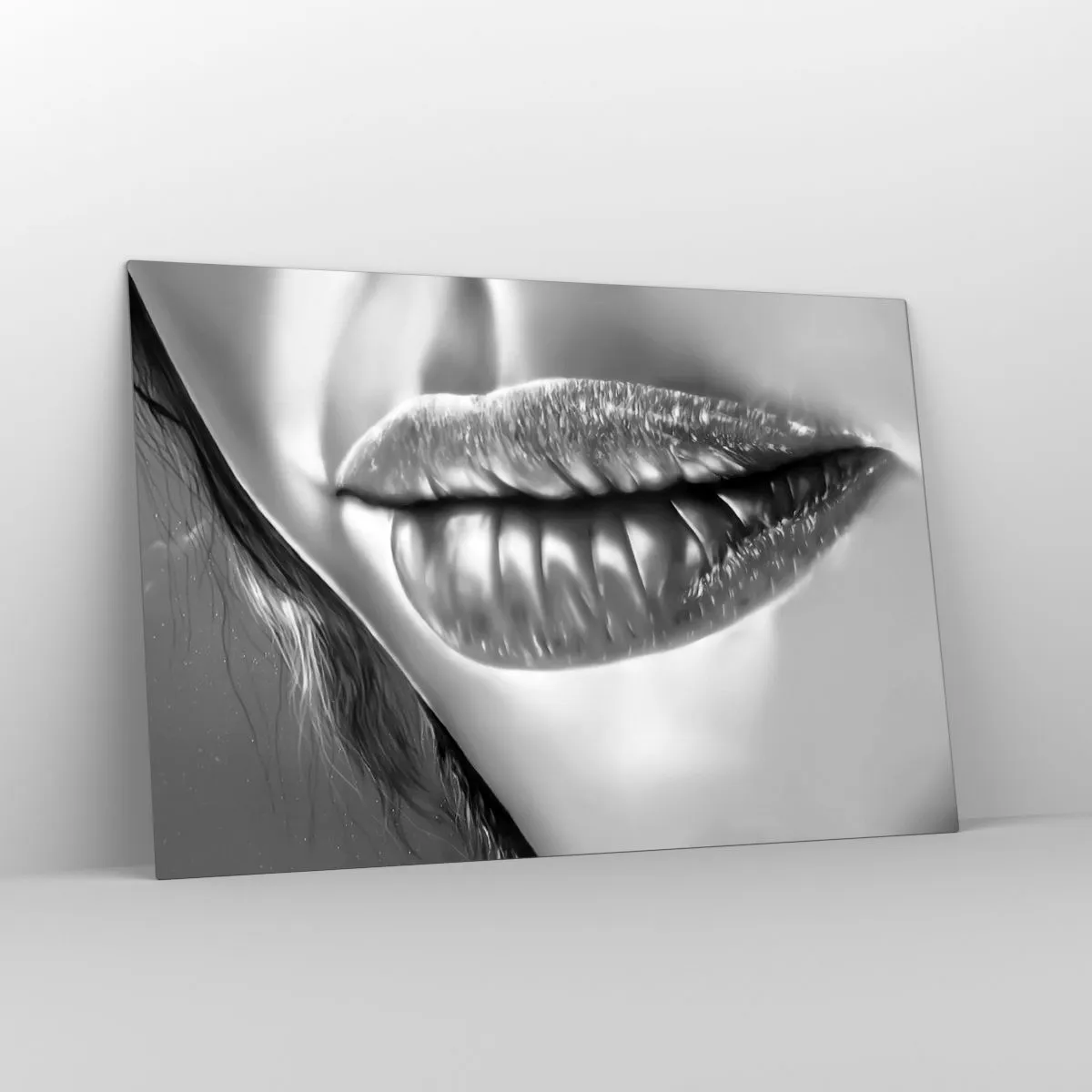 Impression sur verre - Image sur verre - Lèvres féminines sensuelles aux tons monochromes - 120x80cm - Je sais à quoi tu penses… - Décoration murale moderne pour le salon et la chambre ARTTOR