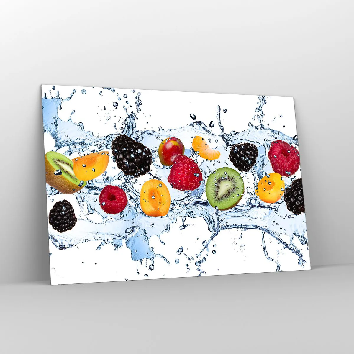 Cuadro sobre vidrio - Impresiones sobre Vidrio - Frutas coloridas en agua sobre un fondo blanco. - 120x80cm - Juega con nosotros - Decoración de pared moderna para salón y dormitorio ARTTOR