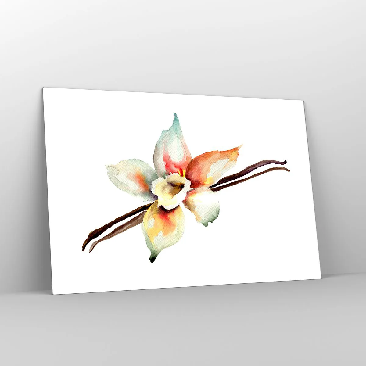 Glasbild - Bild auf glas - Aquarell-Illustration einer Vanilleblüte auf weißem Hintergrund - 120x80cm - Süße mit Farbe verschüttet - Moderne Wanddekoration für Wohnzimmer und Schlafzimmer ARTTOR