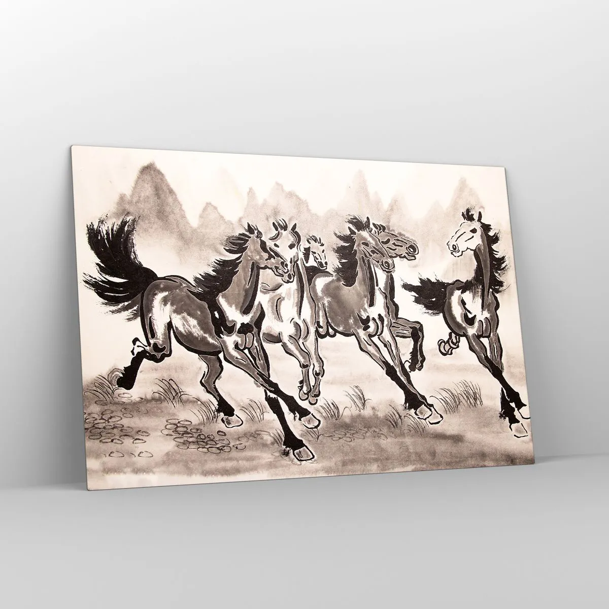 Quadro su vetro - Un gruppo di cavalli al galoppo in stile cinese - 120x80cm - Al galoppo con gioia - Decorazione murale moderna per soggiorno e camera da letto ARTTOR