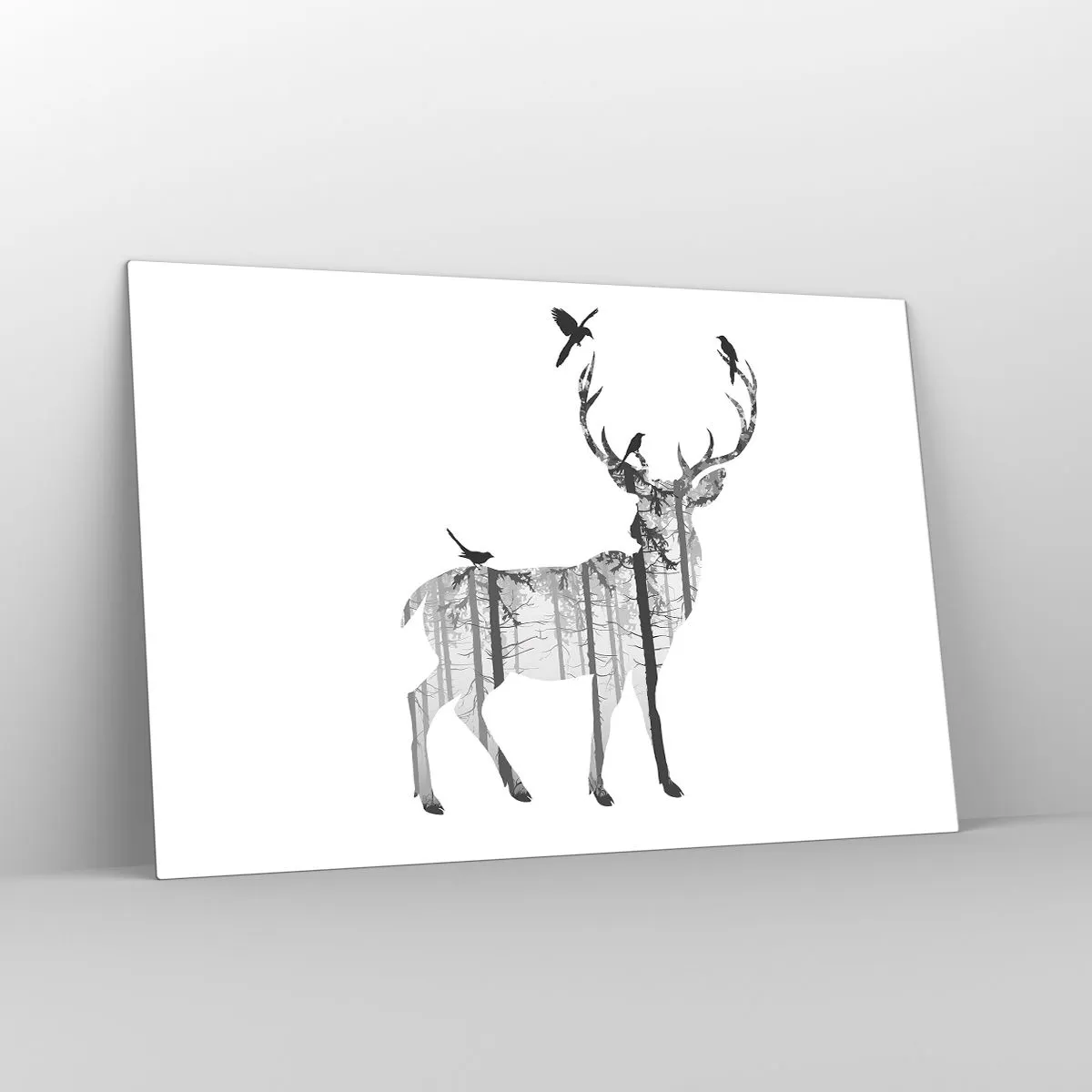 Impression sur verre - Image sur verre - Silhouette graphique d'un cerf avec un motif de forêt et d'oiseaux - 120x80cm - La bonne âme de la forêt - Décoration murale moderne pour le salon et la chambre ARTTOR