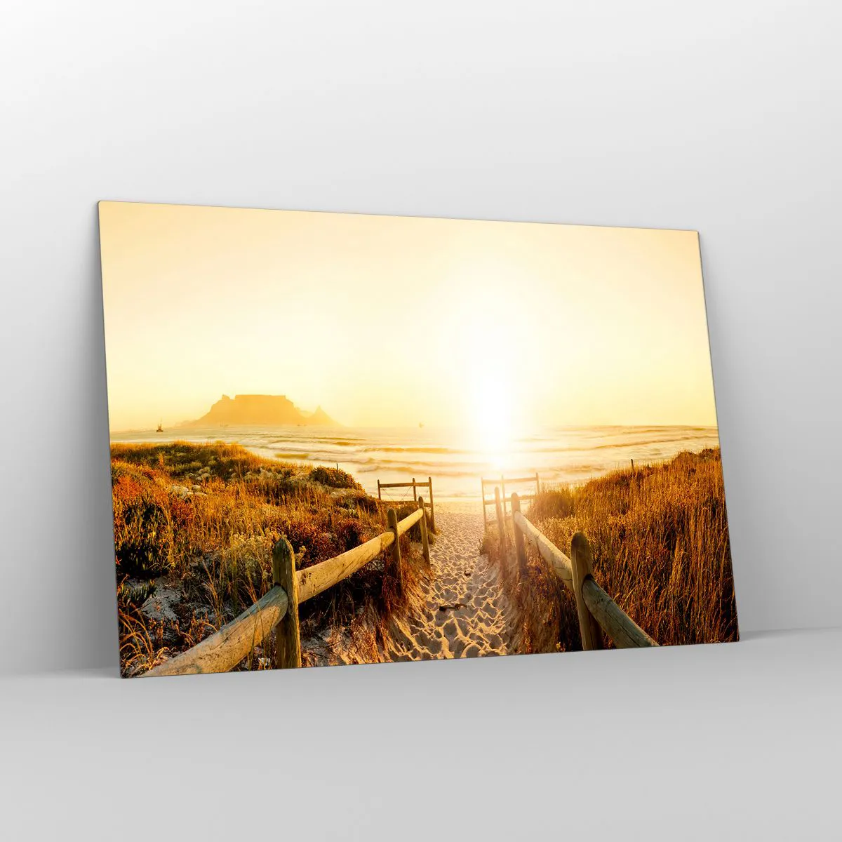 Cuadro sobre vidrio - Impresiones sobre Vidrio - Camino sobre la duna que conduce a la playa al atardecer - 120x80cm - A través de la duna, hacia el sol - Decoración de pared moderna para salón y dormitorio ARTTOR