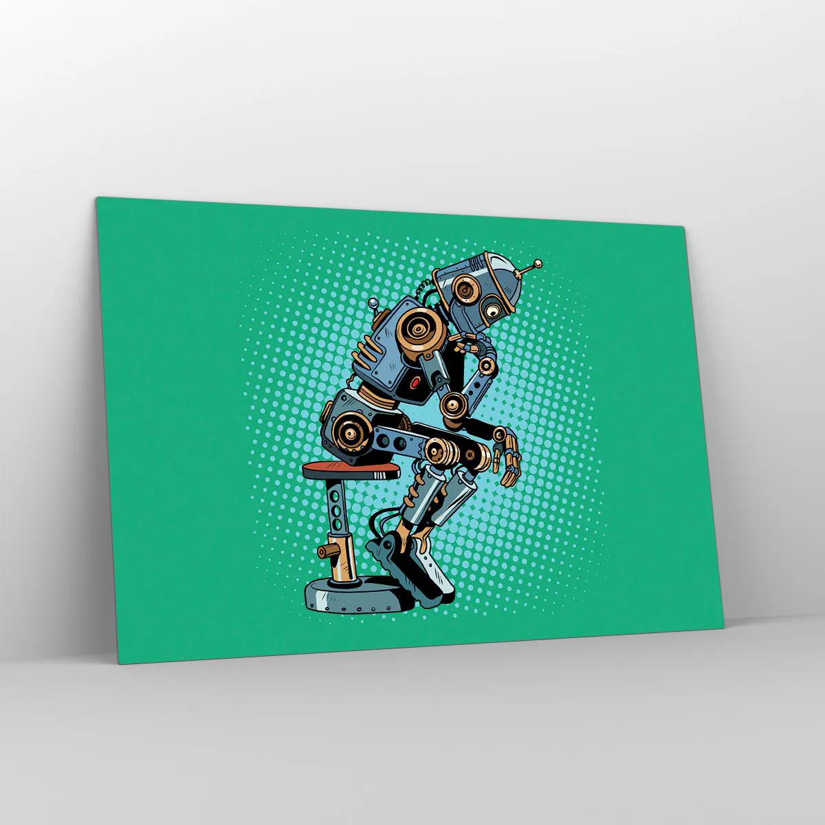 Impression sur verre - Image sur verre - Un robot penseur sur un fond de motif pop art vert. - 120x80cm - Au-dessus de l'essence de l'être - Décoration murale moderne pour le salon et la chambre ARTTOR