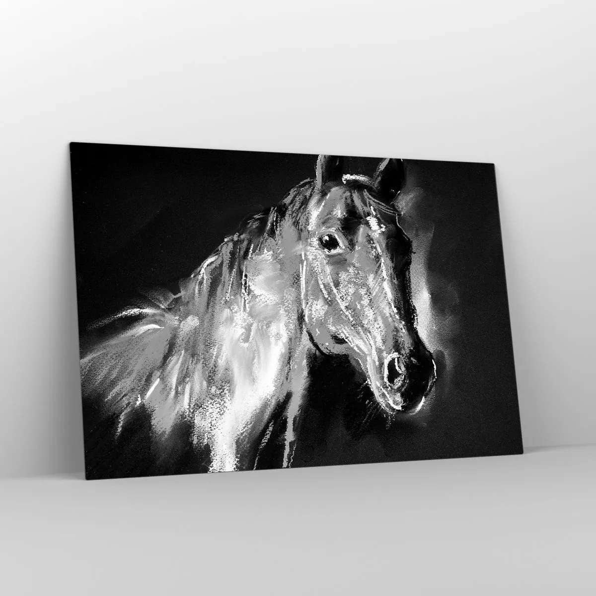 Glasbild - Bild auf glas - Porträt eines Pferdes in Schwarz-Weiß-Tönen auf dunklem Hintergrund - 120x80cm - Das Leuchten einer edlen Seele - Moderne Wanddekoration für Wohnzimmer und Schlafzimmer ARTTOR