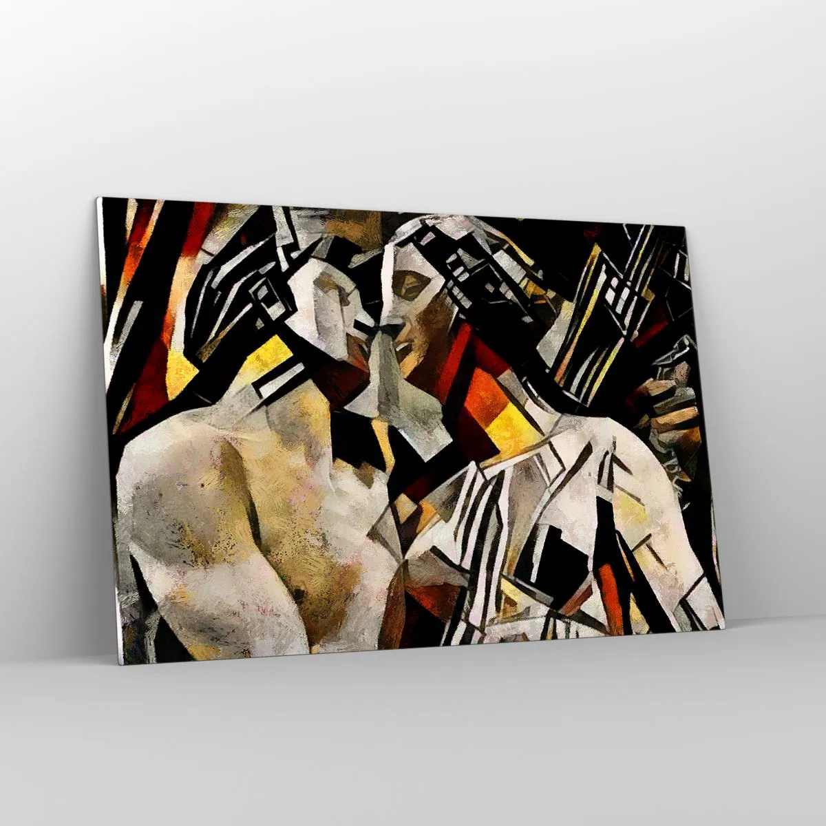 Cuadro sobre vidrio - Impresiones sobre Vidrio - Pareja abstracta en patrones geométricos - 120x80cm - Un beso escultural - Decoración de pared moderna para salón y dormitorio ARTTOR