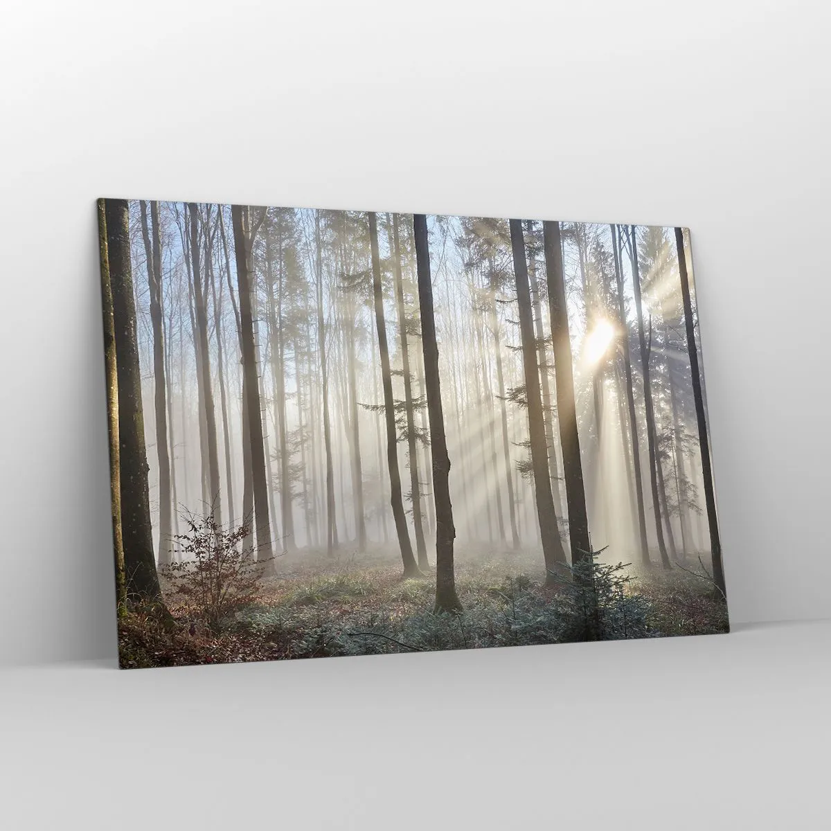 Glasbild - Bild auf glas - Morgensonnenstrahlen durchdringen den nebligen Wald - 120x80cm - Der Nebel ist auch aufgewacht - Moderne Wanddekoration für Wohnzimmer und Schlafzimmer ARTTOR